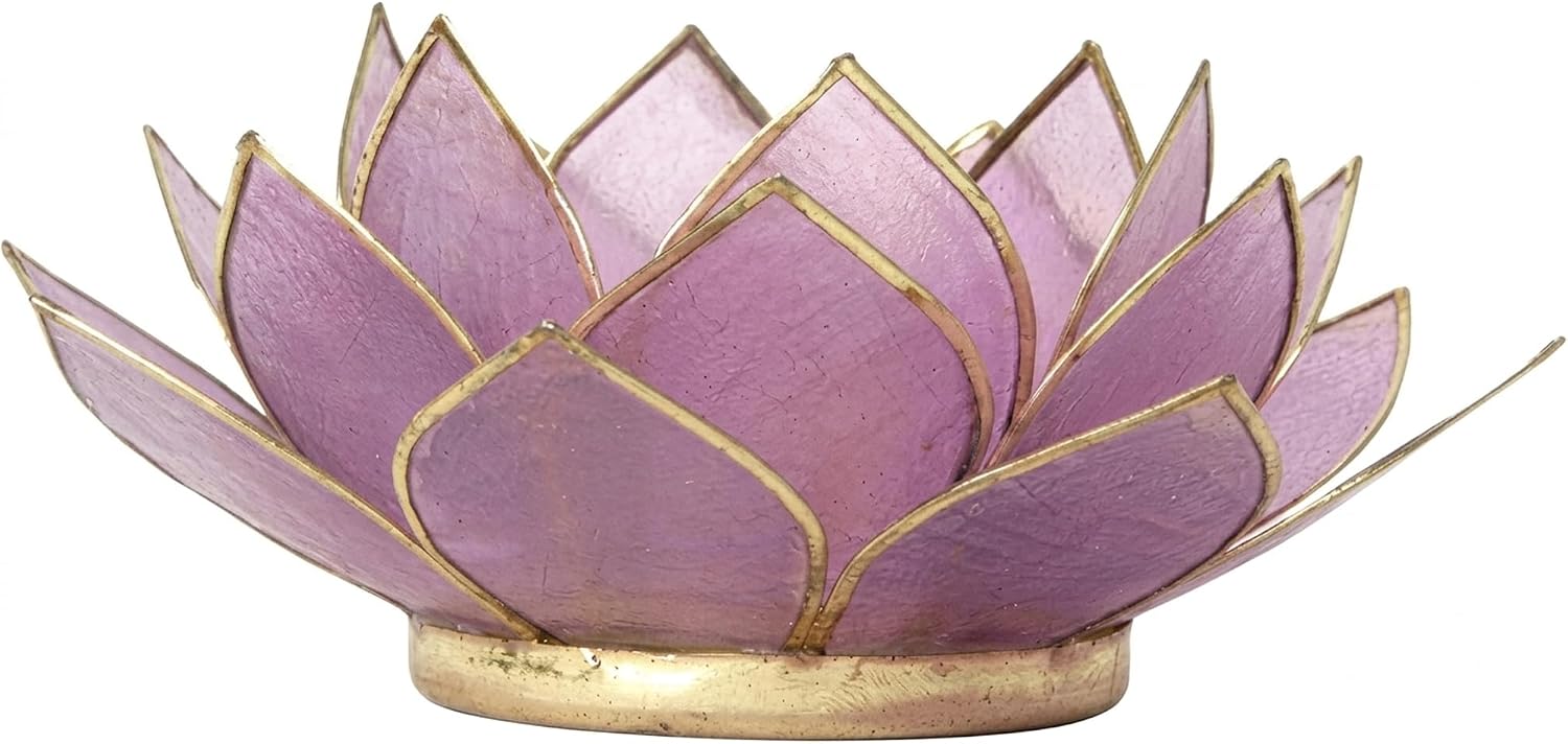 Om Gallery Gemstone Lotus Tealight Holder - Handcrafted Capiz Shell Design for Soft Glow, Elegant Home & Table Decor, Wedding Centerpieces, Votive Candle Styling, and Thoughtful Gifting - Amethyst