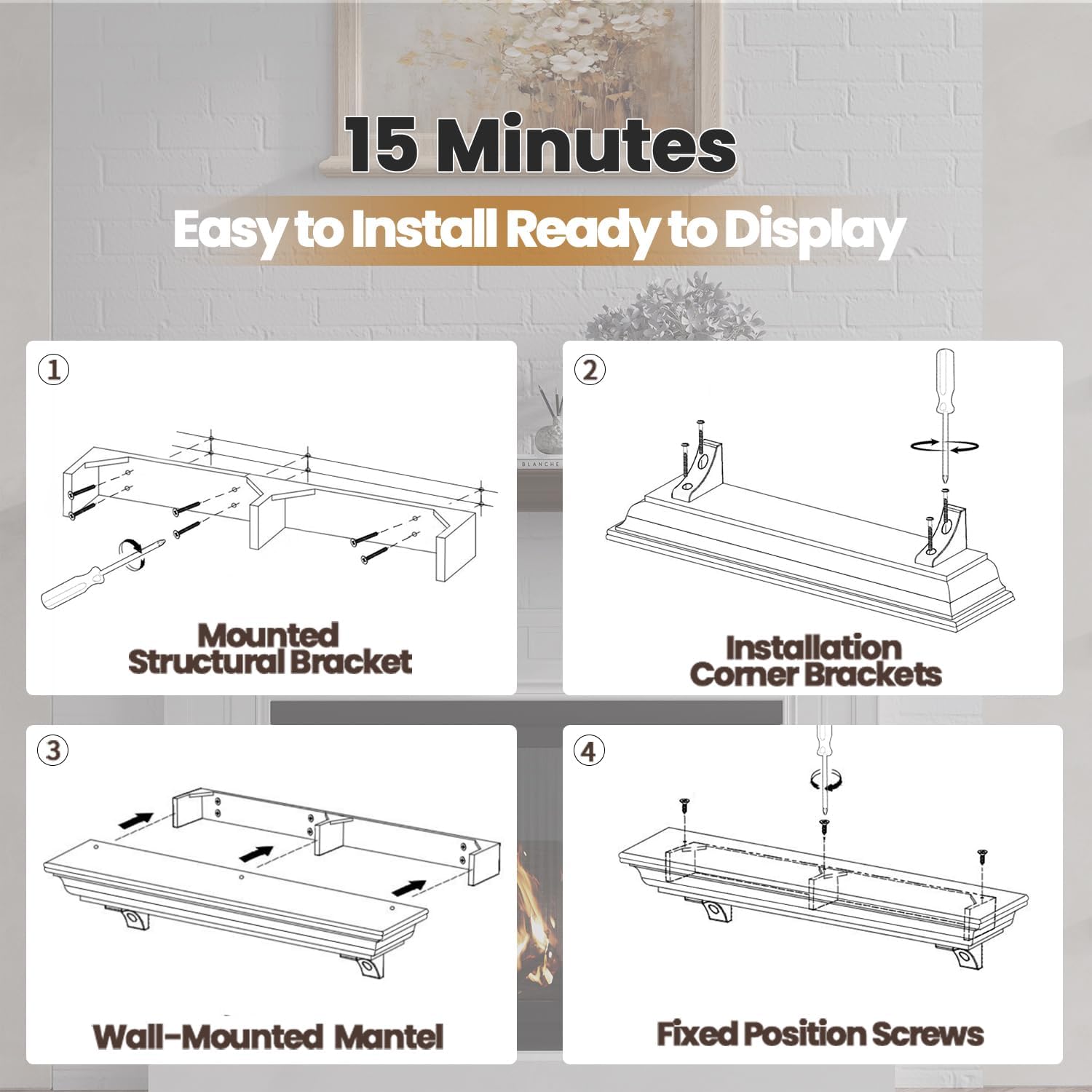 Fireplace Mantel with Invisible Heavy Duty Wood Bracket, Wall Mount Handcrafted Hollow Floating Mantel Shelf for Electric or Traditional Fireplace, Rustic Farmhouse Modern Style (60 Inch, White)