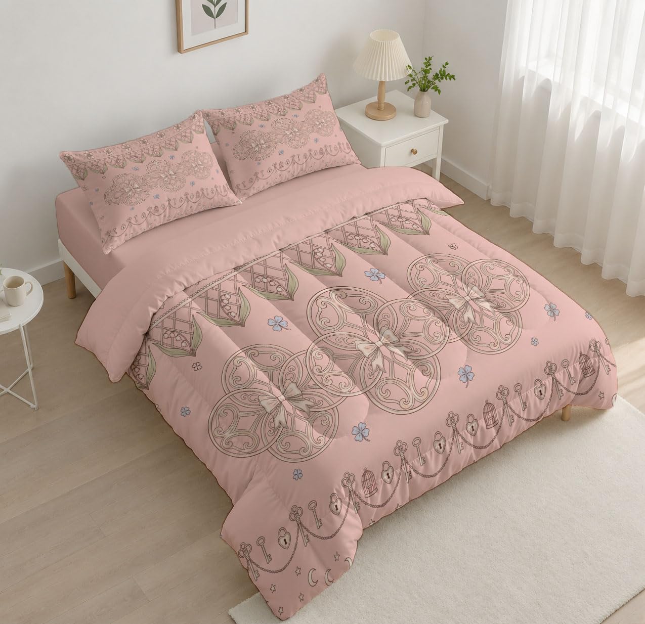 Trapunta Fiocco Di Pizzo Rococò, Piumino Matrimoniale 4 Stagioni | 240X220 Cm Con Federa 50X80, Piumone Leggero In Microfibra, Trapunta Reversibile Geometria Circolare Retrò, Fard In Polvere