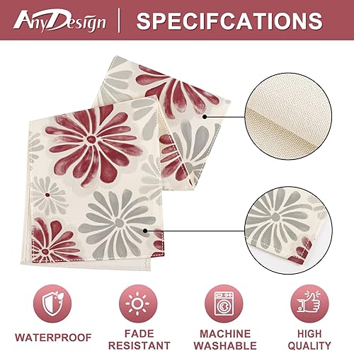 Miniatura 6 de AnyDesign Camino de mesa floral acuarela con flores rojas y grises, decoración de mesa de comedor de cocina, cubierta rústica para interiores y