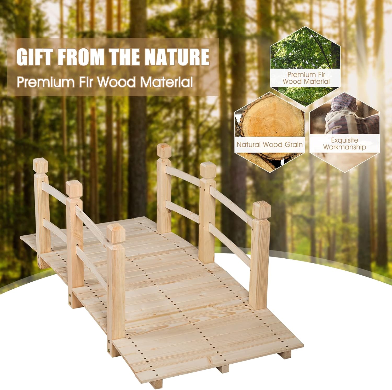 Wooden Garden Bridge, Outdoor Arched Walkway with Safety Rails, 220 lbs Capacity, Small Cedar Wood Footbridge Over Pond for Backyard, Patio, Lawn Decoration, 59” x 26.5” x 22” (Natural)