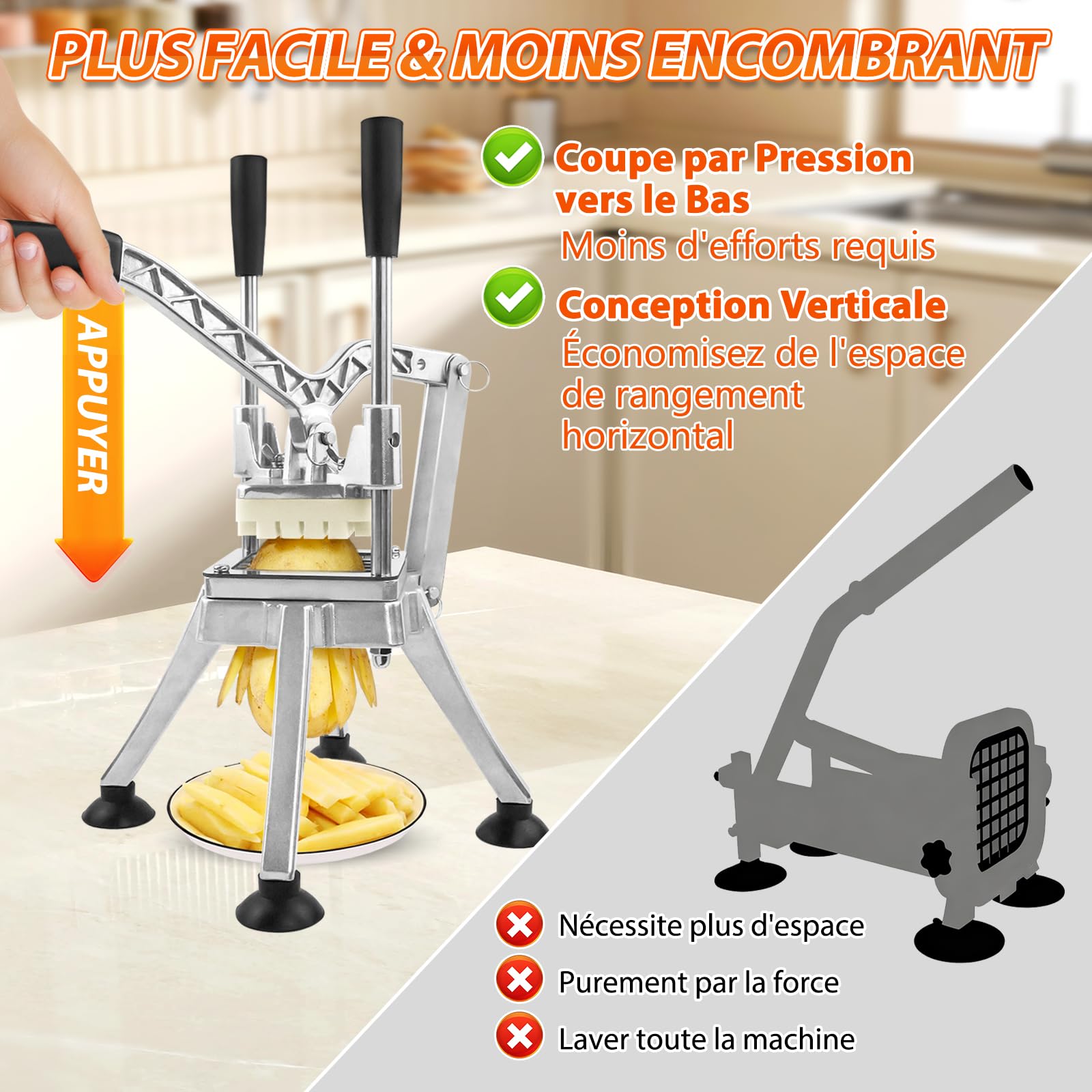 Anatole Coupe-Frites Professionnel Vertical avec 6mm 9mm 13mm Coin Lame en Acier Inox Coupe Pomme de Terre pour Frite Manuel Multifonctionnel pour Carotte Concombre Oignon Citron Fruit