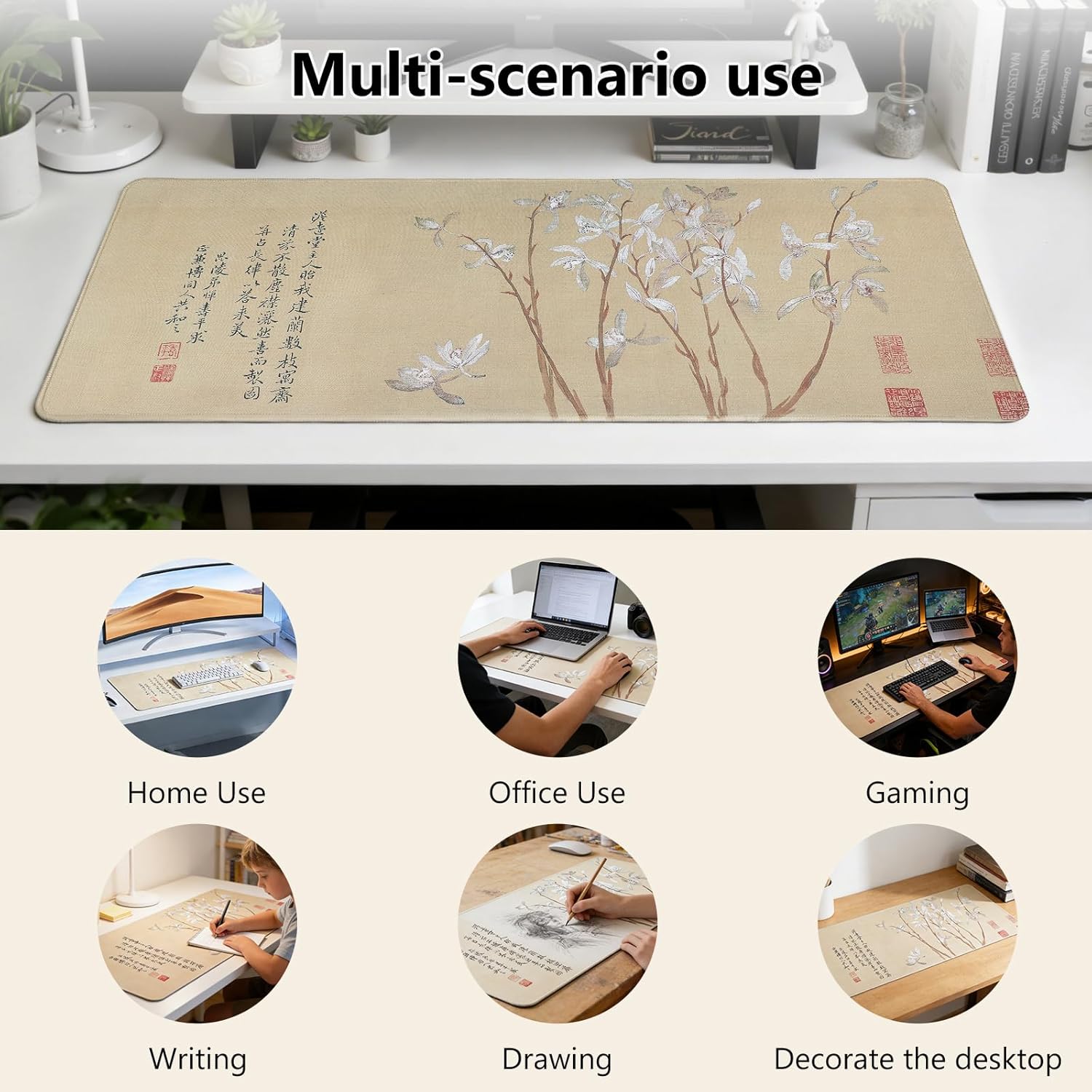 Chinese Style Famous Art Mouse Pad, 31.5x12 Inches Non-Slip Rubber Base, Waterproof Desk Mat for Office & Gaming (Extended XX-Large, Nine Orchids (Chinese Flower Painting))