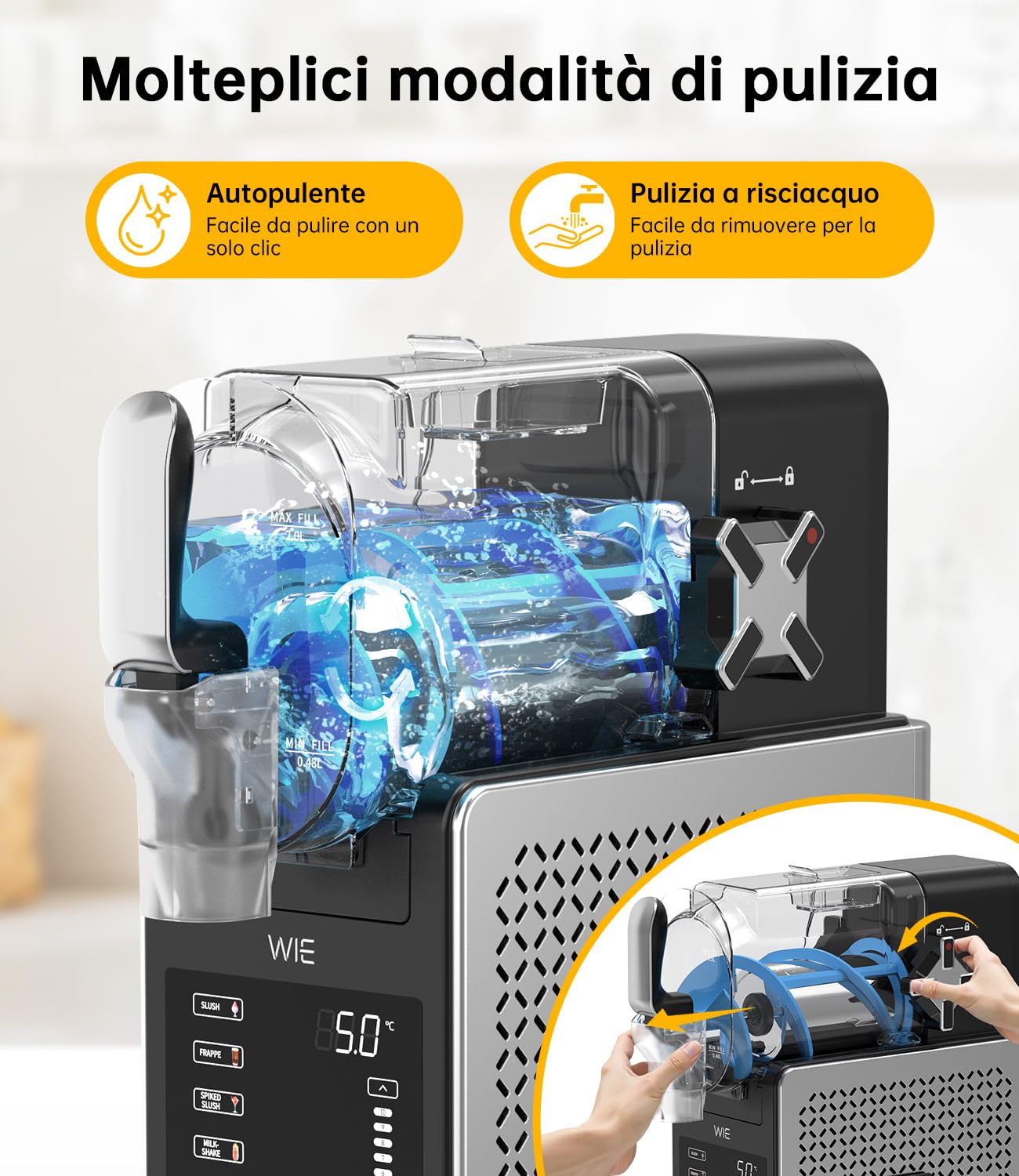 WIE Macchina per Granite, 2.6L Macchina Granita per Casa con Autopulizia, Non Serve Ghiaccio, 6 Modalità Preimpostate, Schermo Touch LED, Macchina Granita per Margarita/Cocktail/Milkshake/Frappé