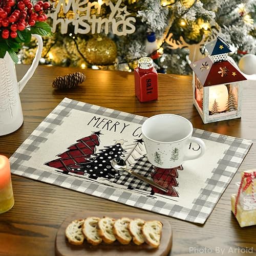 Miniatura 3 de Artoid Mode Juego de 4 manteles individuales con diseño de árboles de Navidad a cuadros grises de acuarela, 12 x 18 pulgadas, manteles individuales