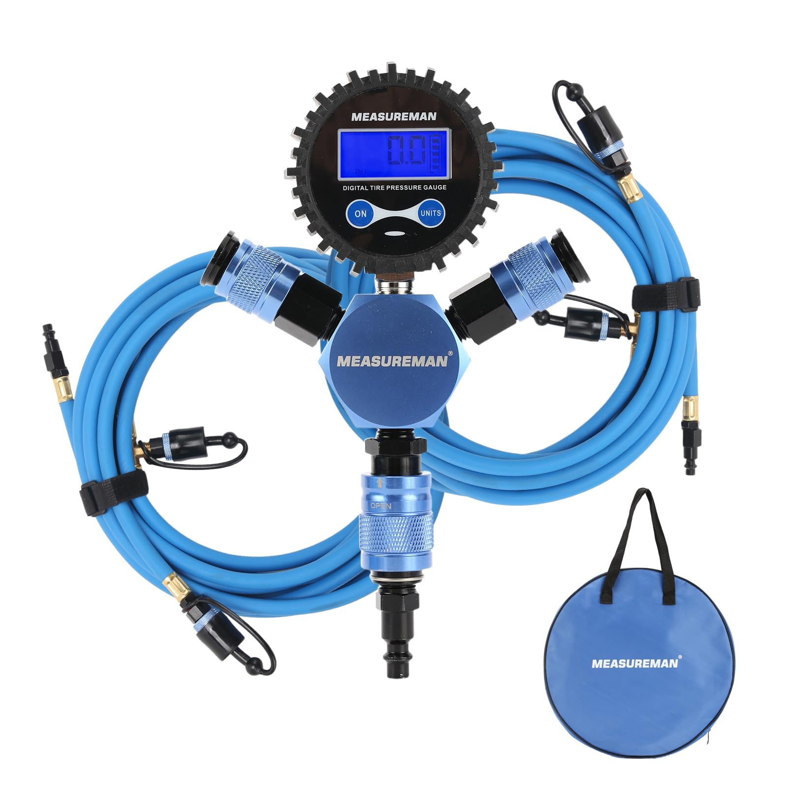 Gonfiatore per pneumatici a 4 vie con manometro, gonfiaggio rapido per pneumatici ATV, camion e auto, blu