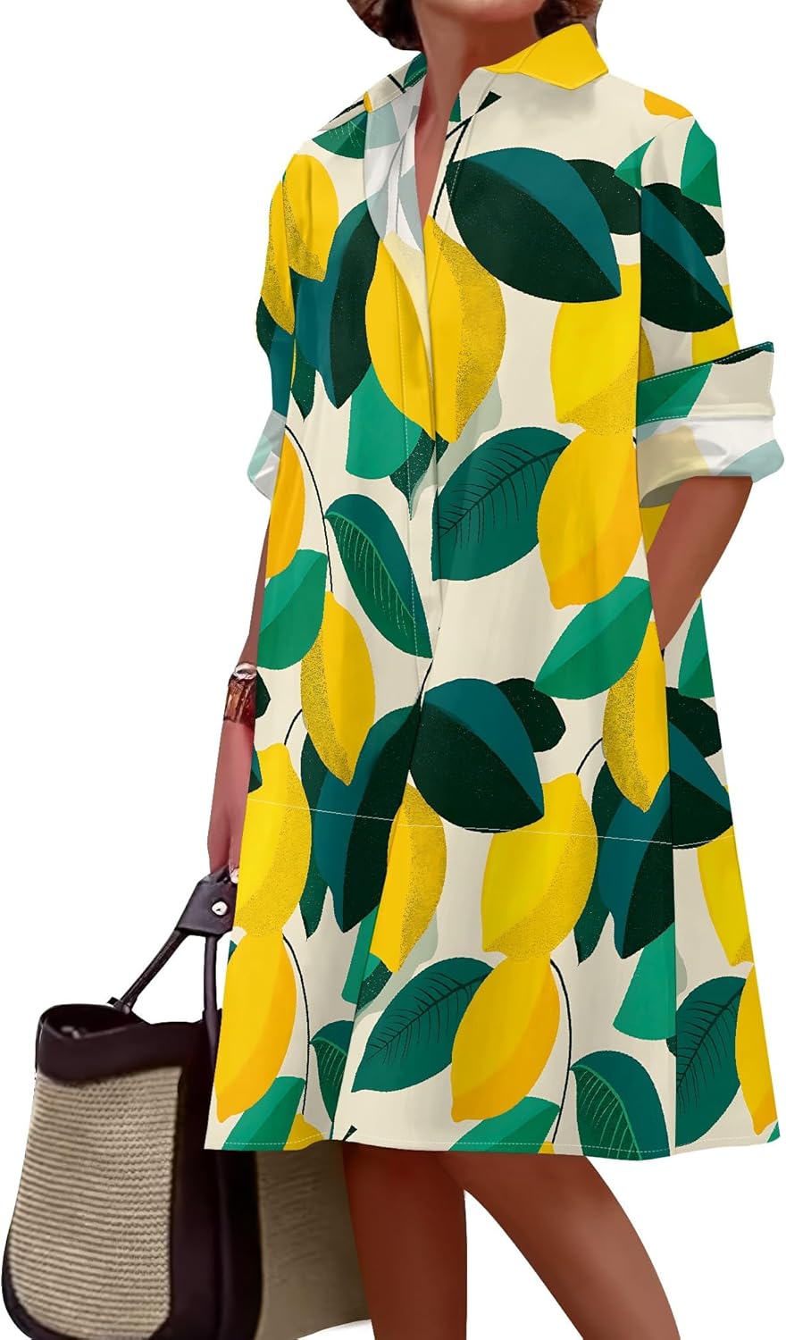 Womens Shirt Dresses Patterned Printed Casual V Neck Long Sleeves Loose Cocktail Party Fashion Dress with Pockets