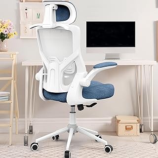 Ergonomic Office Chair, High Back Executive Task Computer Chairs with Coat Hanger & Lumbar Support, Flip-up Armrest, Office Chair with Tilt& Lock Function (Sky Blue)