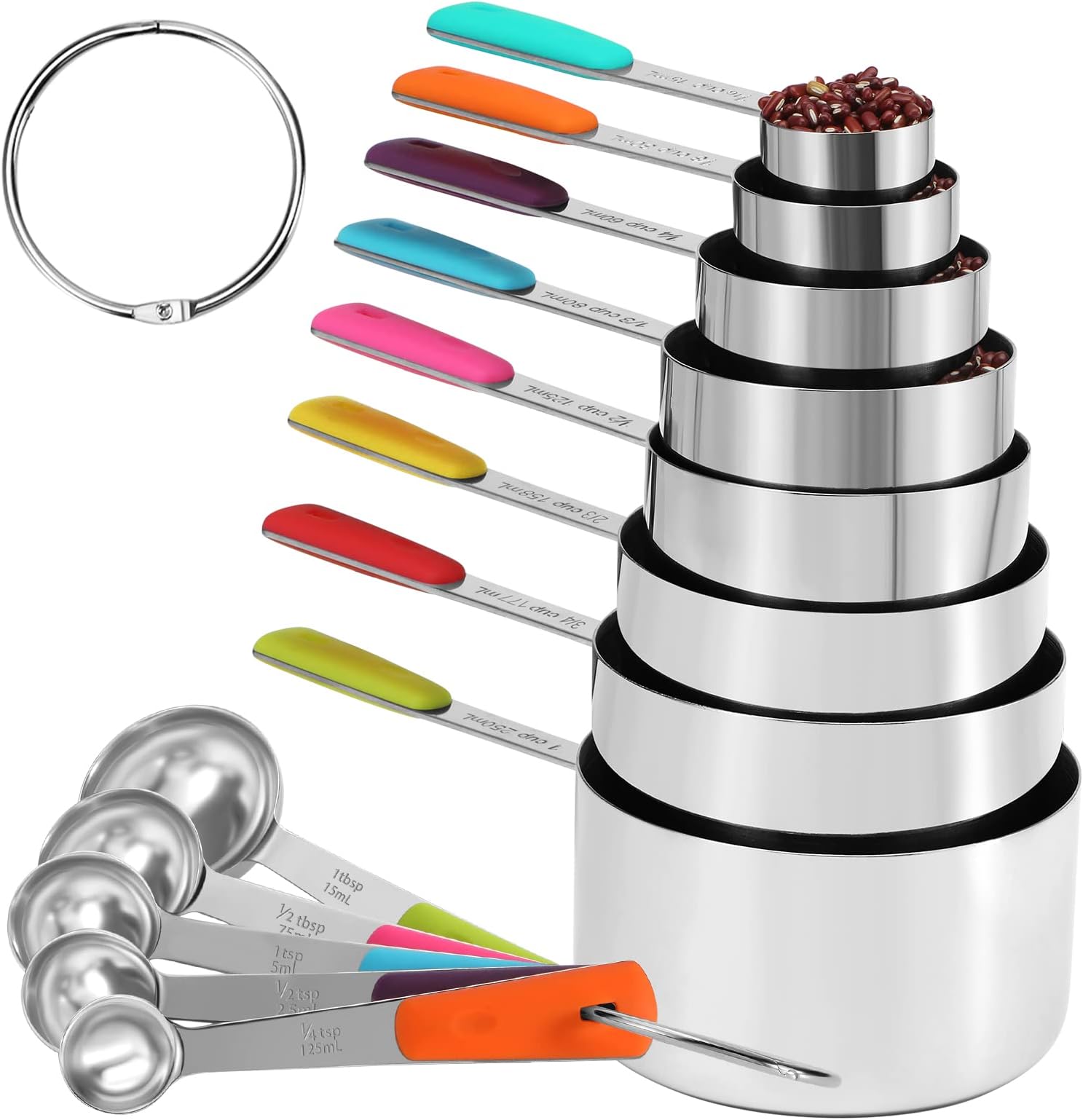 Bopei 13-Piece Measuring Cups and Spoons Set Stainless Steel for Cooking & Baking (8 Cups +5 Spoons, Colorful）