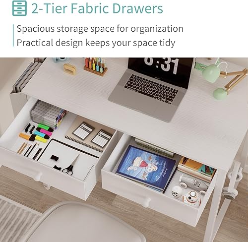 Miniatura 16 de Lufeiya - Escritorio pequeño para computadora para dormitorio, oficina en casa, 2 cajones de tela de almacenamiento y bolsa, mesa de estudio para
