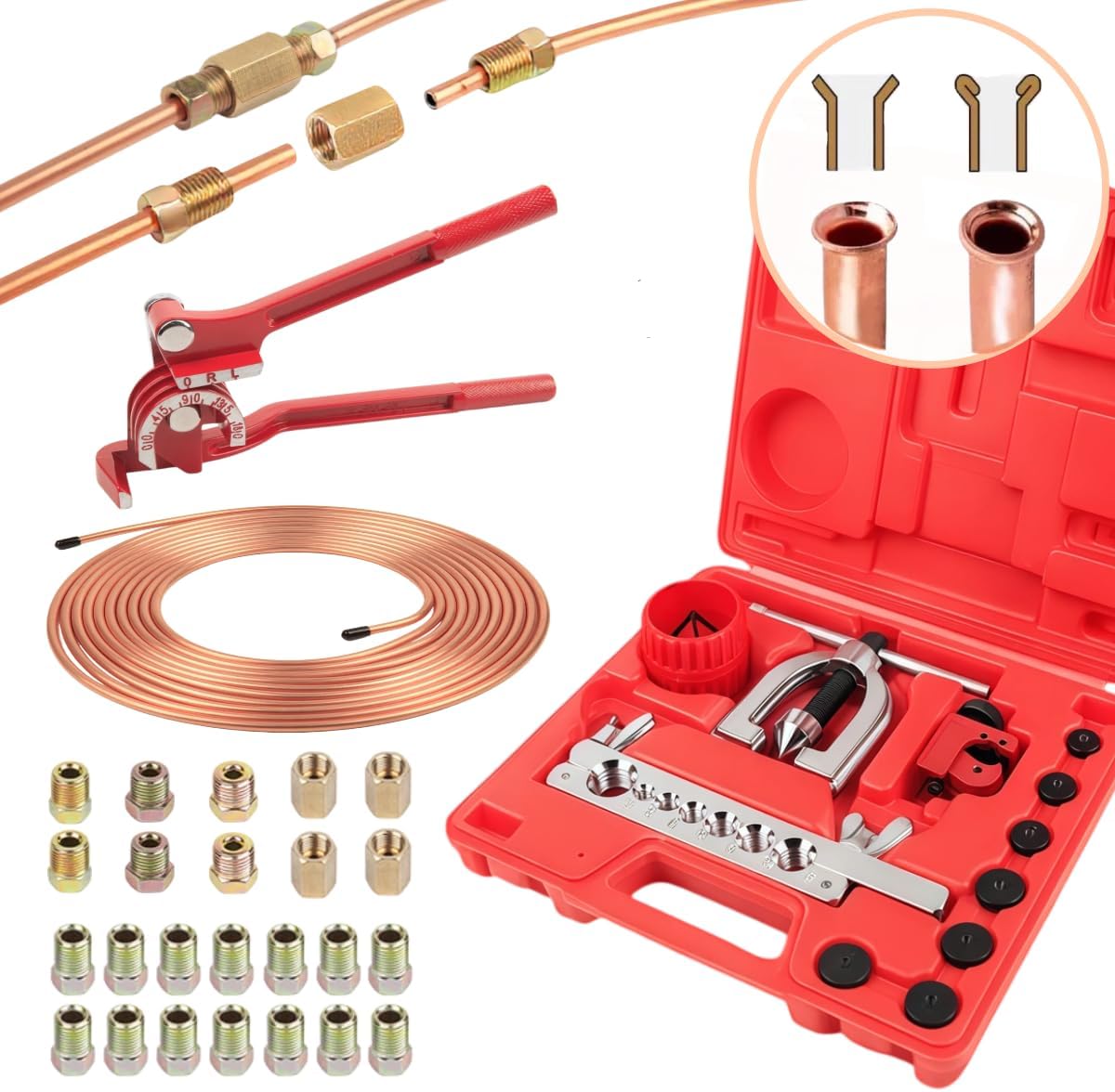 Wostore 25 FT 3/16" Copper Coated Brake Line Kit with 24 Brass Fittings & Double/Single Flaring Tool Kit, Complete Brake Line Repair Solution for Cars, Trucks, Motorcycles
