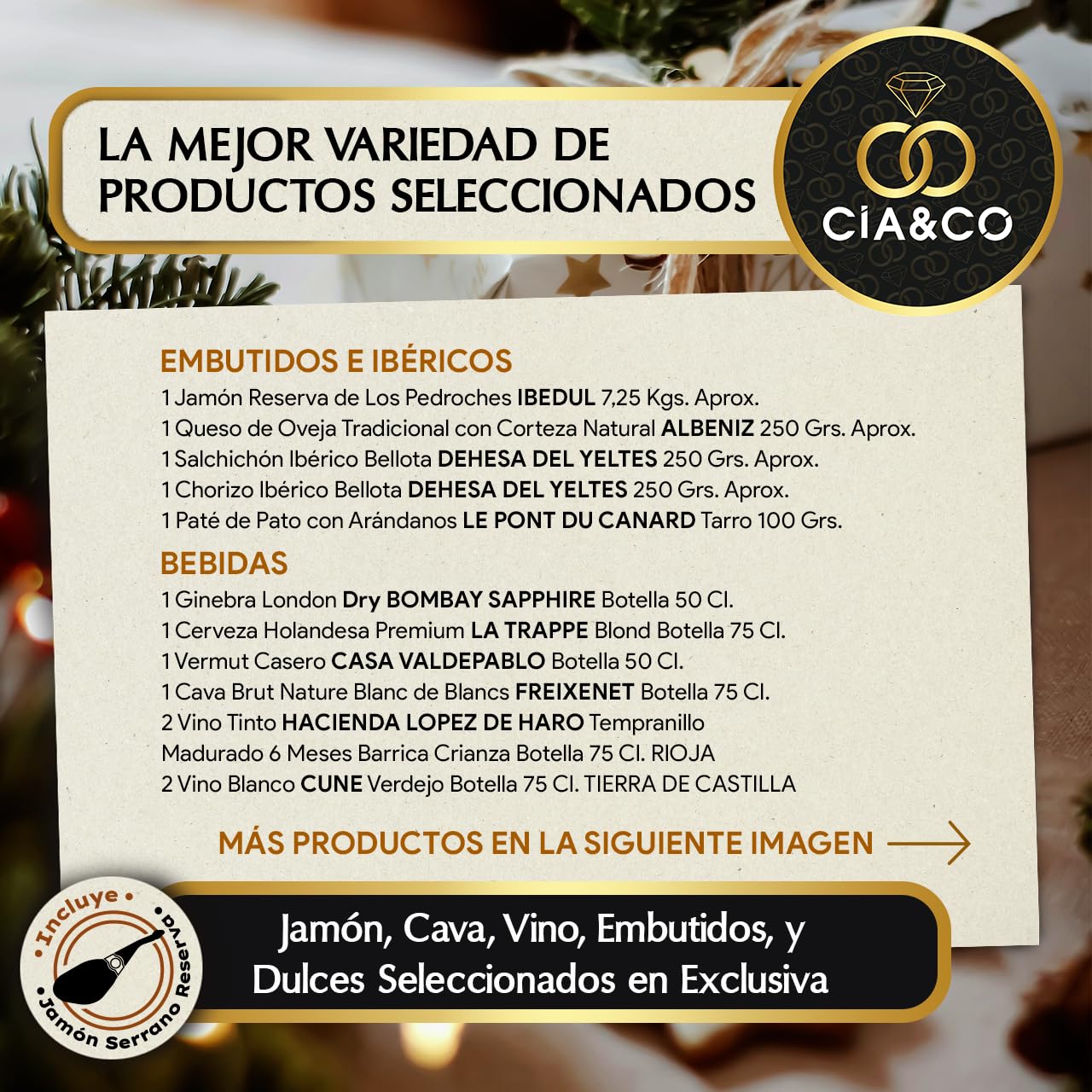 Cesta de Navidad con Jamón Gourmet 2025 (Lote 308) · Con Jamón Reserva, Vinos Rioja & Cune, Cava, Ginebra, Dulces y Ibéricos · Tarjeta Personalizable · Regalo Corporativo, Familiar o Personal Ideal