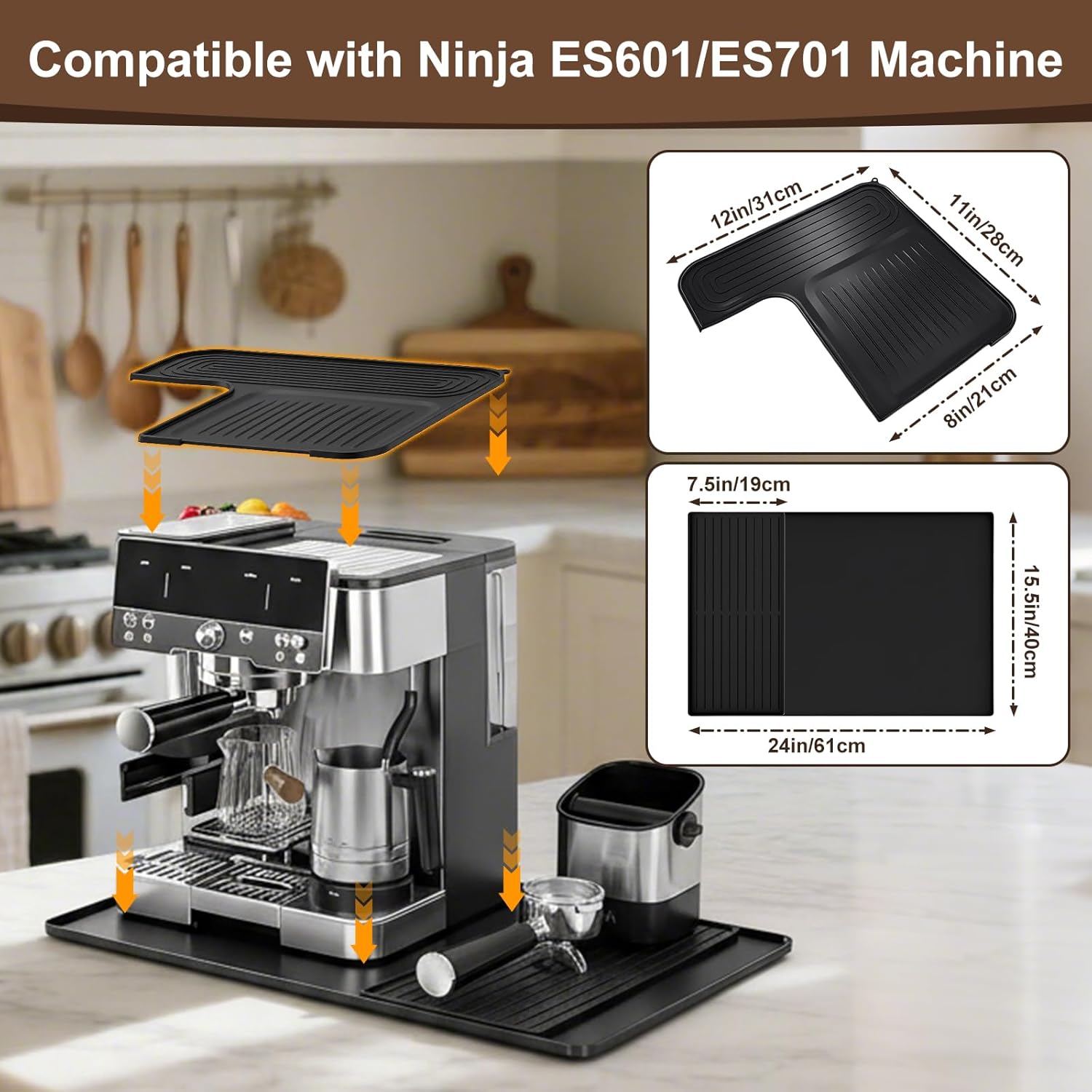 3-Piece Silicone Coffee Mat Set for Ninja ES601/ES701 - Compatible Non-Slip Waterproof Top/Bottom Mats & Drip Tray - Countertop Protector for Ninja Luxe Café Espresso Accessories