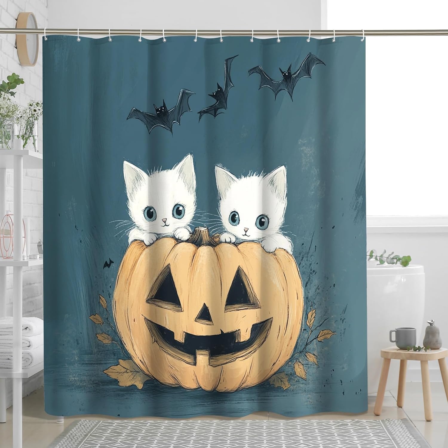 Cute Halloween Cats Shower Curtain Set 72W x 78L with Hooks, Cool Pumpkins Bats Kitten Bathroom Decor, Pet Printed Pattern Bath Accessories