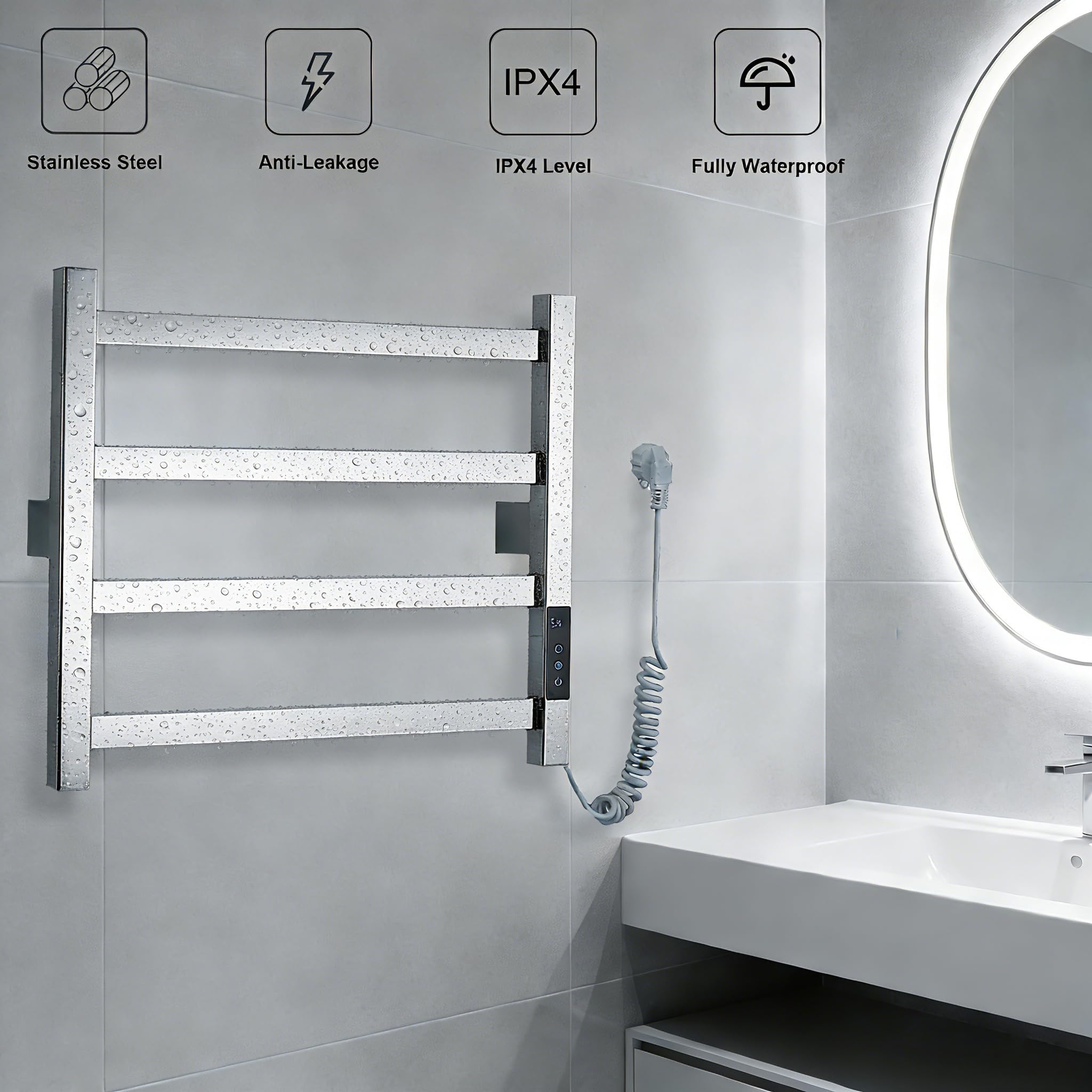 Elektryczny Grzejnik na Ręczniki, WiFi Smart,43x50cm | Stal Nierdzewna, 85W Niskie Zużycie, Szybkoschnący, Funkcja Timera,Grzejnik łazienkowy, Montaż na Ścianie