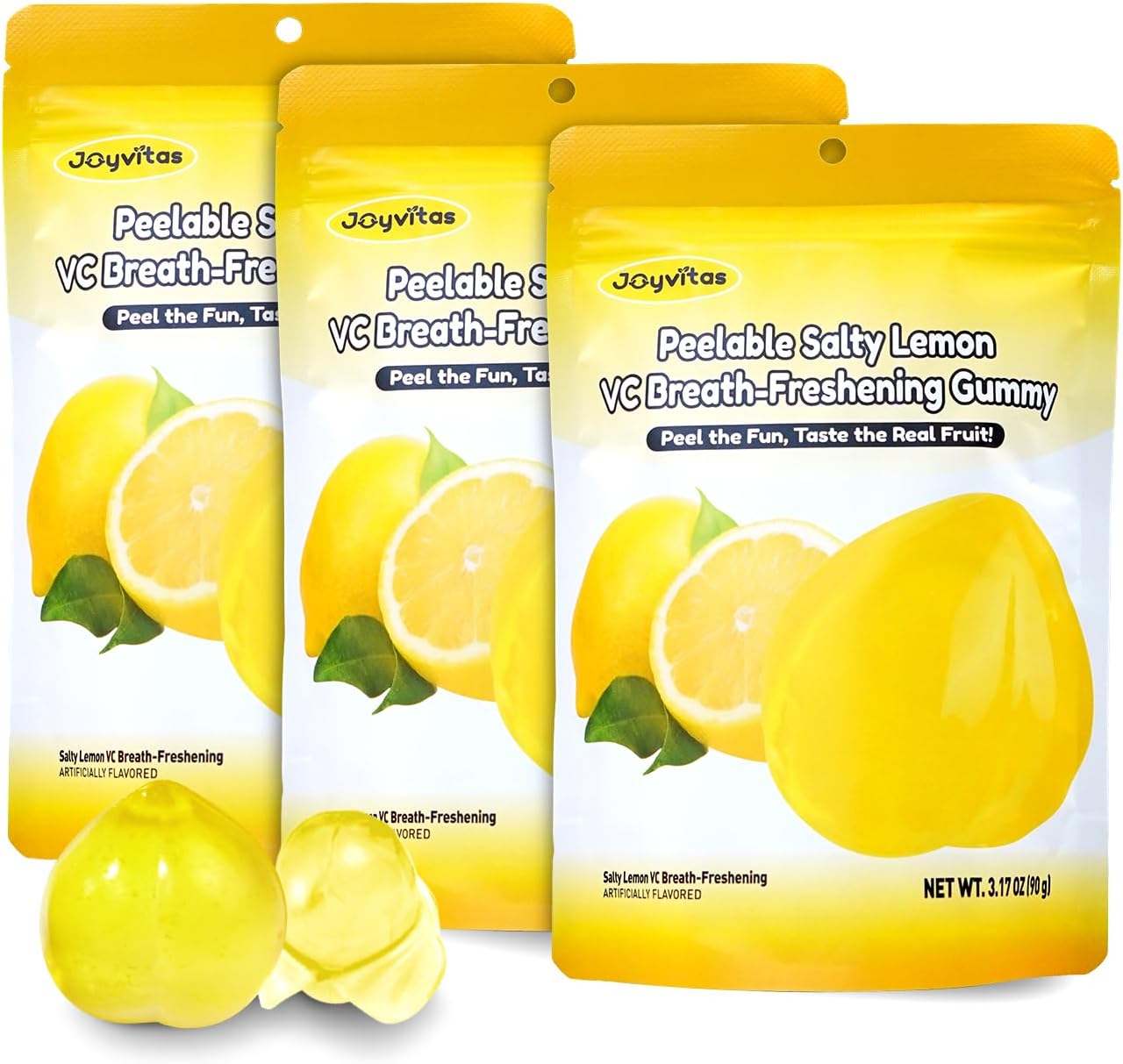 Peelable Gummy Salty Lemon Candy | 3 Pack(9.53oz) Individually Wrapped Tropical Peeling Gummies Variety Pack | Low Sugar & Low Calorie | Resealable | Ideal New Year Treats & Celebration Bites
