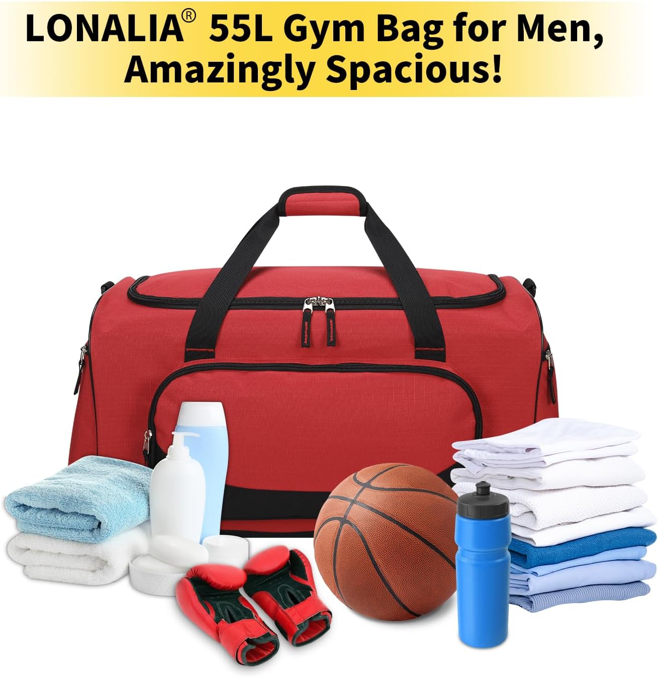 55L Large Gym Duffle Bag for Men - 22 inch Men's Sports Bag Heavy Duty Duffel Bag(Red) - Image 4