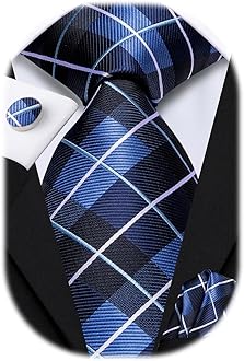 Hi-Tie Mens Plaid Ties Classic Paisley Necktie with Handkerchief Cufflinks Set Business Stripe Tie