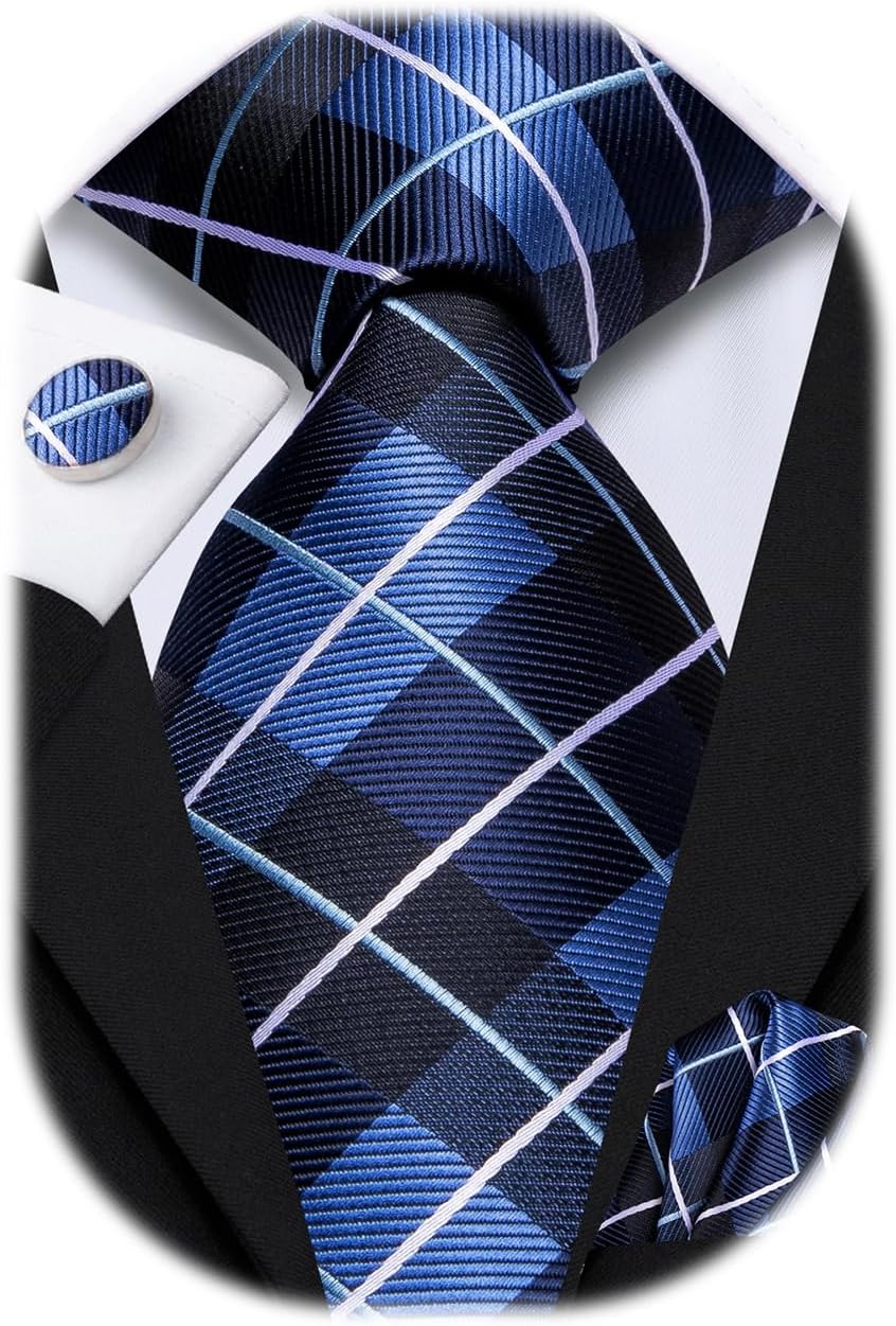 Mens Plaid Ties Classic Paisley Necktie with Handkerchief Cufflinks Set Business Stripe Tie