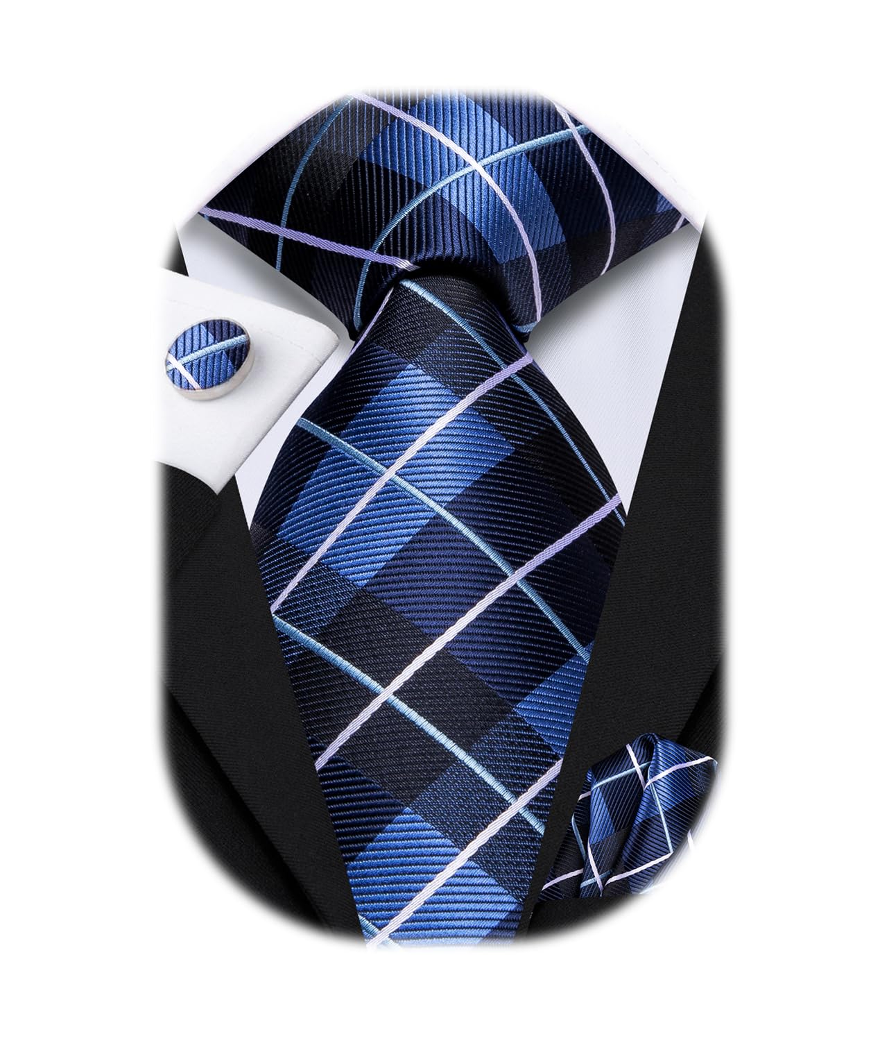 Hi-TieMens Plaid Ties Classic Paisley Necktie with Handkerchief Cufflinks Set Business Stripe Tie