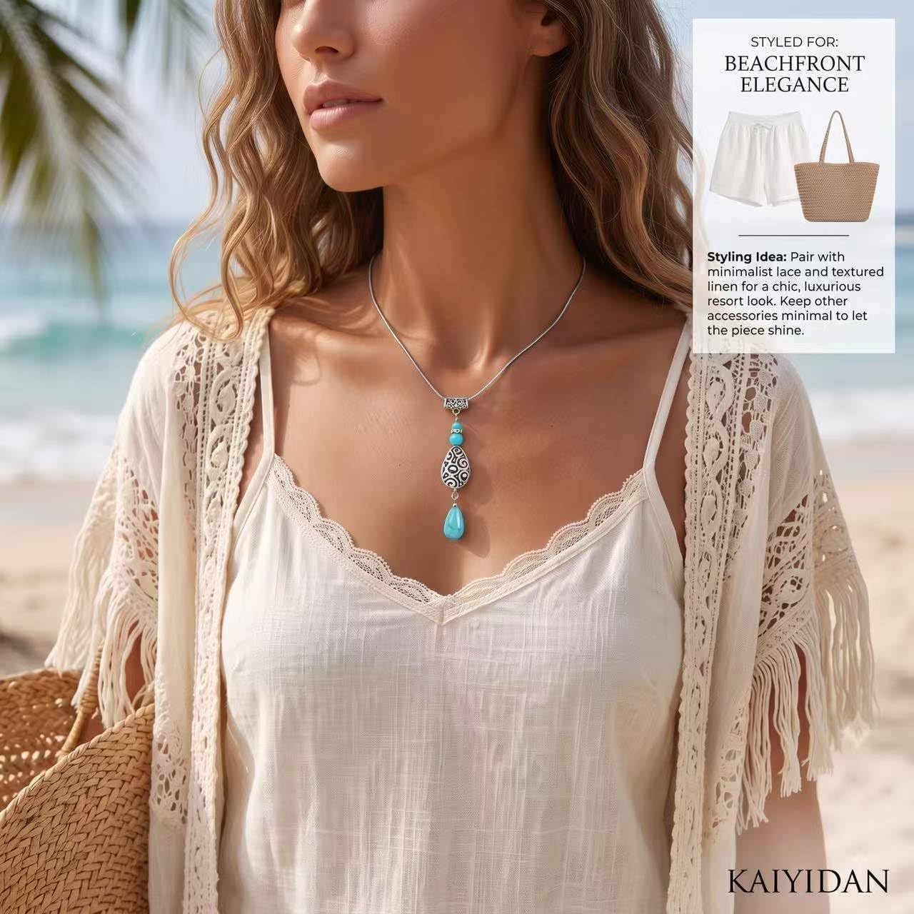 Turquoise Pendant Necklace for Women, Boho Western Teardrop Y Shaped Ball Chain with Nature Beads, Blue Gemstone Birthstone Ethnic Vintage Jewelry image 3