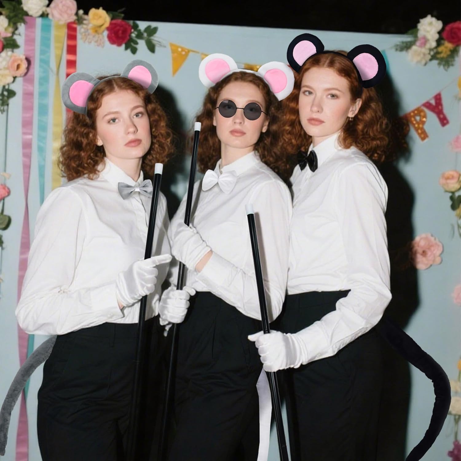 3 Set Mice Costume Accessories, Plush Mouse Ears & Tail Blind Cane Sunglasses Bow Tie Gloves for Women Family Halloween Party