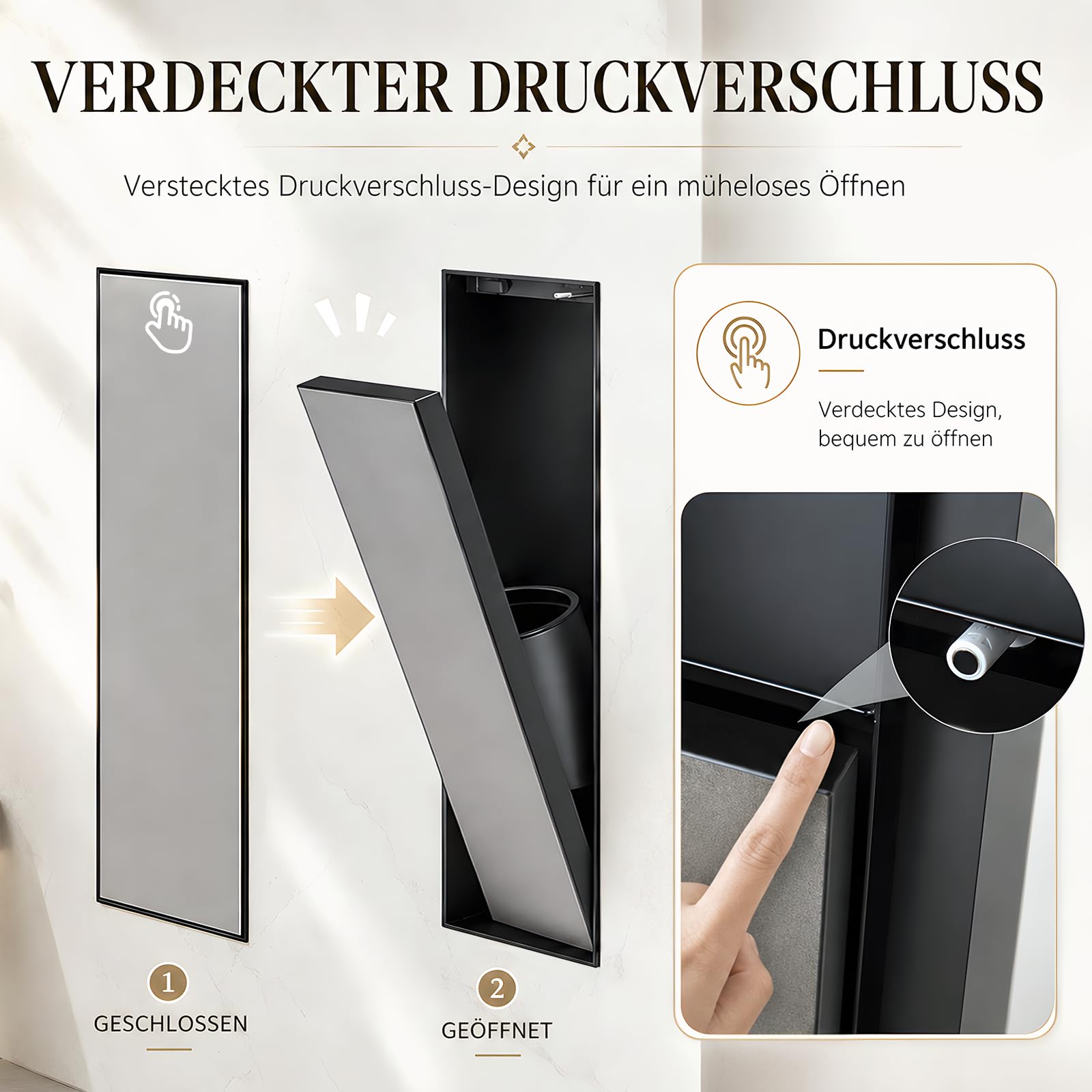 Unterputz Klobürstenhalter mit Klobürste Edelstahl Mattschwarz, 45x12x12 cm