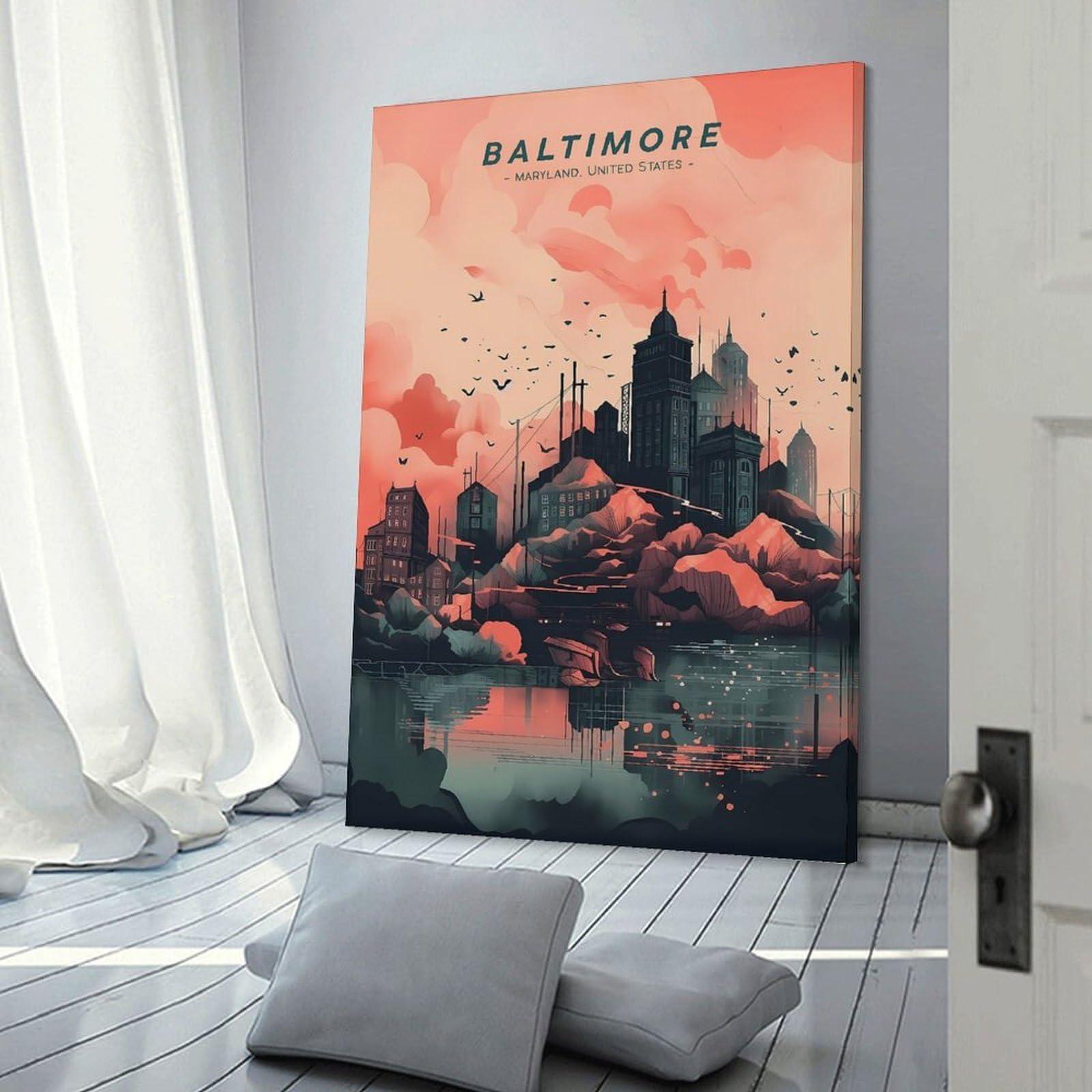 Junmoney Baltimore Urban Panorama Canvas Art Print 12x18inch(30x45cm), for Front Hall, Corridor Or Welcome Spaces, Home Artwork for First Impressions