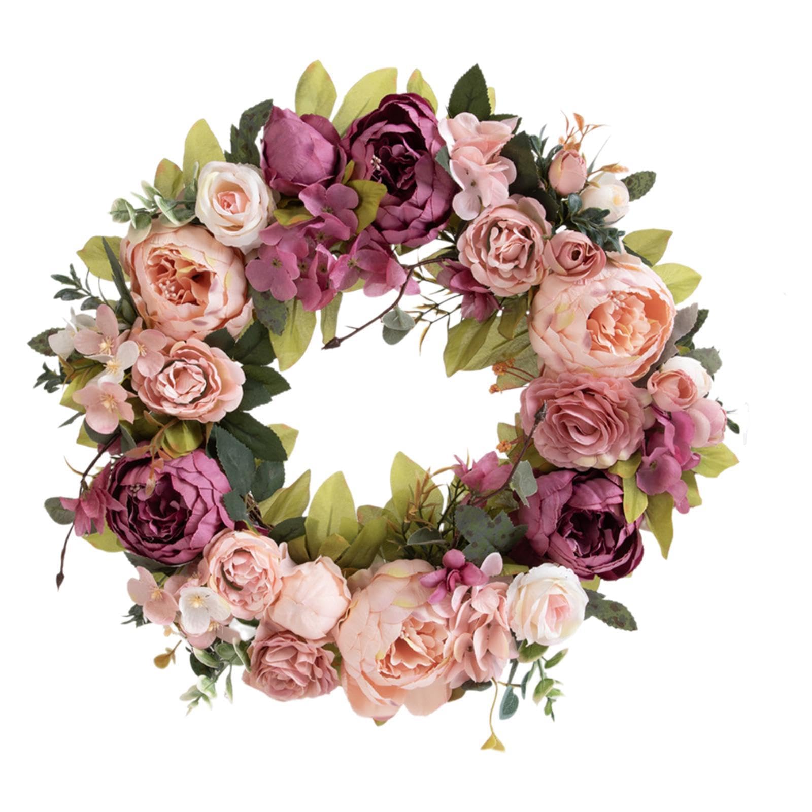 Milageto Ghirlanda primaverile per porta d'ingresso, fiori di artificiali, ghirlanda da 40 cm per matrimonio, finestra, soggiorno, Capodanno, Pasta di Fagioli Viola