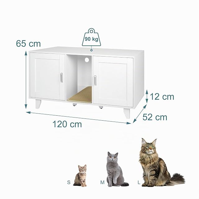 Foto 4 de 8 de Relaxdays Armario arenero XXL con 2 cámaras, caseta para Gatos, Alfombra, 65x120x52 cm, Blanco