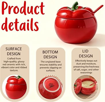 Ceramic Salt Cellar with Lid and Spoon, 14.2oz Cute Tomato Shaped Spice Jar for Sugar, Salt, Spice, Decorative Spice Container for Kitchen (Tomato)