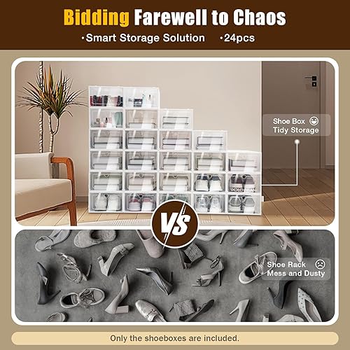 Miniatura 6 de LOYALHEARTDY 24 cajas de zapatos rectangulares de plástico blancas modernas con tapas, transparentes, apilables, plegables, inastillables,