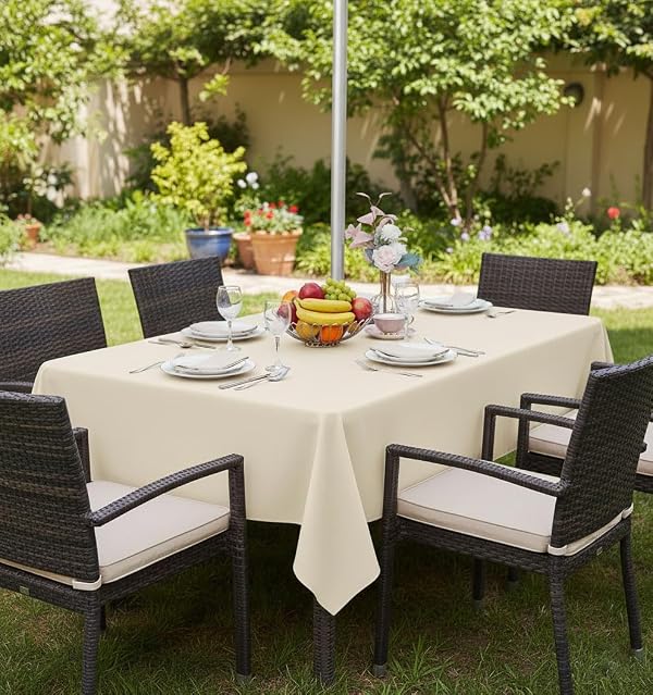 Fitable Oval Oblong Table Cover Outdoor Indoor Tablecloth - Washable Waterproof Wrinkle Free Table Cloth with Zipper and Umbrella Hole for Party/Picnic/BBQS/Patio Beige 52 x 70 inch by Fitable - Image 2
