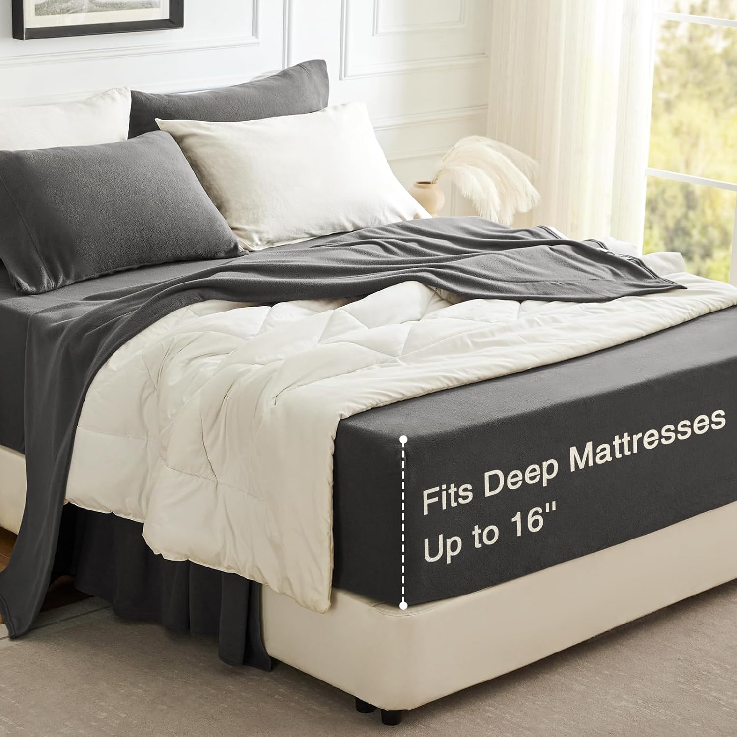 Love's cabin Fleece Queen Sheet Set - 4 Pcs Dark Grey Winter Soft Plush Polar Fleece Bed Sheets Set with 16" Deep Pocket,Cozy Warmth for Cold Season(1 Flat Sheet,1 Fitted Sheet,2 Pillow Cases)