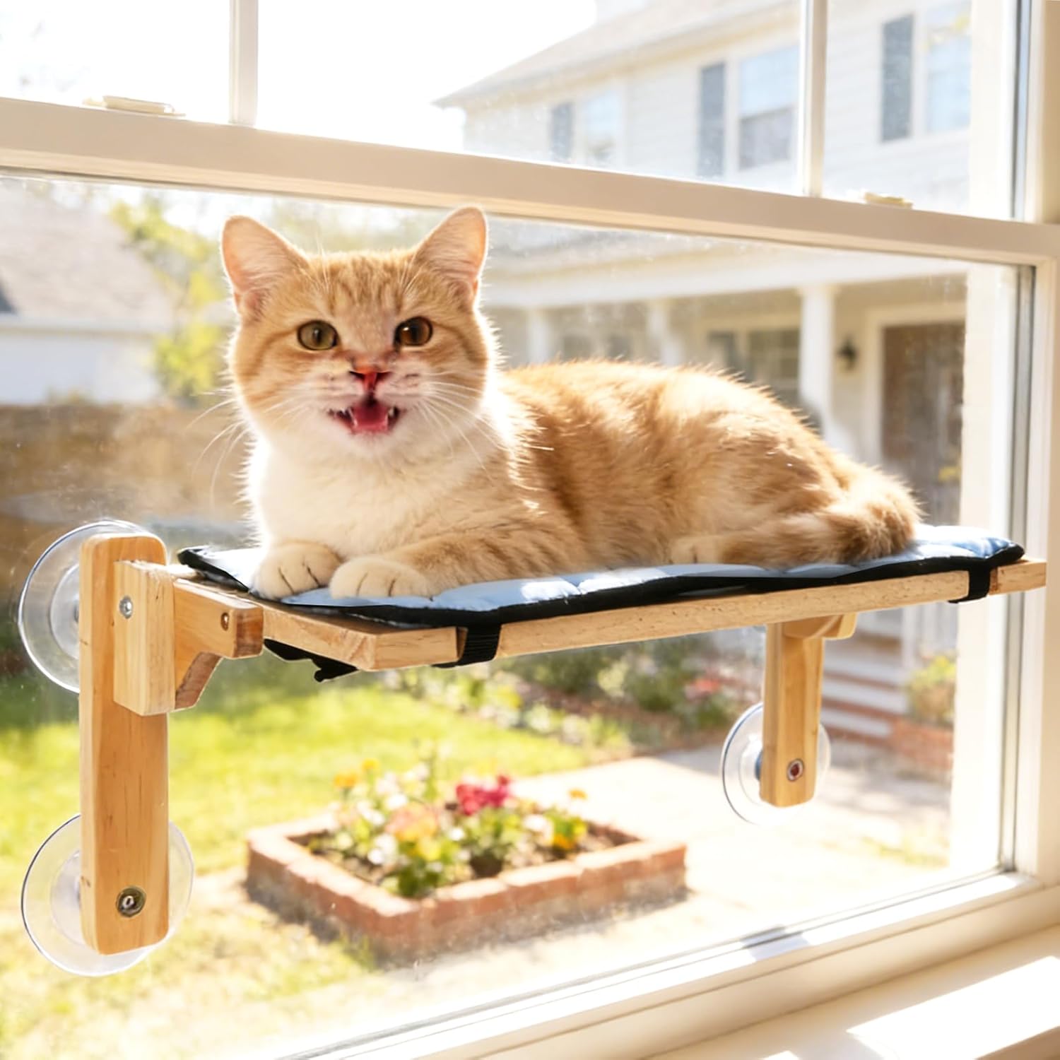SZEE Cat Window Perch for High Places Access, Foldable Cat Window Shelf with Wooden Frame, Equipped with Dual-Sided Mat for All-Season Use, Strong Suction Cups & Solid Thicken Frame