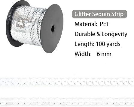 Flat Sequin Strip, 6mm String Metallic Sequin Strand, Paillette Metallic Sequin Trim Sewing String for Craft Embellishment Costume Sports Events, 100 Yards, Silver