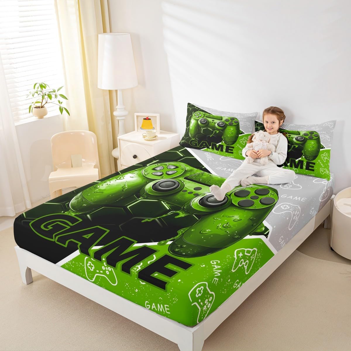 Game Consoles Mattress Cover Queen Size,3D Gamepad Gaming Sports Gamer Fitted Sheet with 2 Pillowcases,Green Neon Hexagon Geometric Grid Polyester Mattress Protector for Kids,(No Top Sheet)