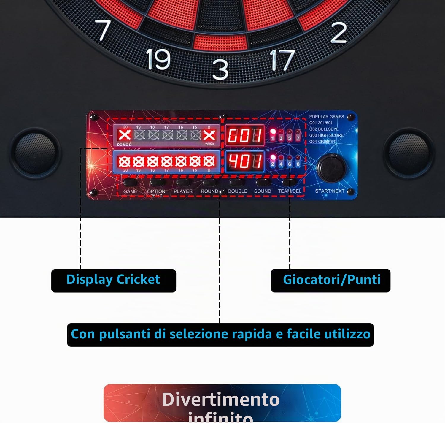 Bersaglio elettronico per freccette con 6 freccette e 100 punte di ricambio, bersaglio elettronico con voce e display LCD, bersaglio elettrico con 25 giochi e 290 varianti