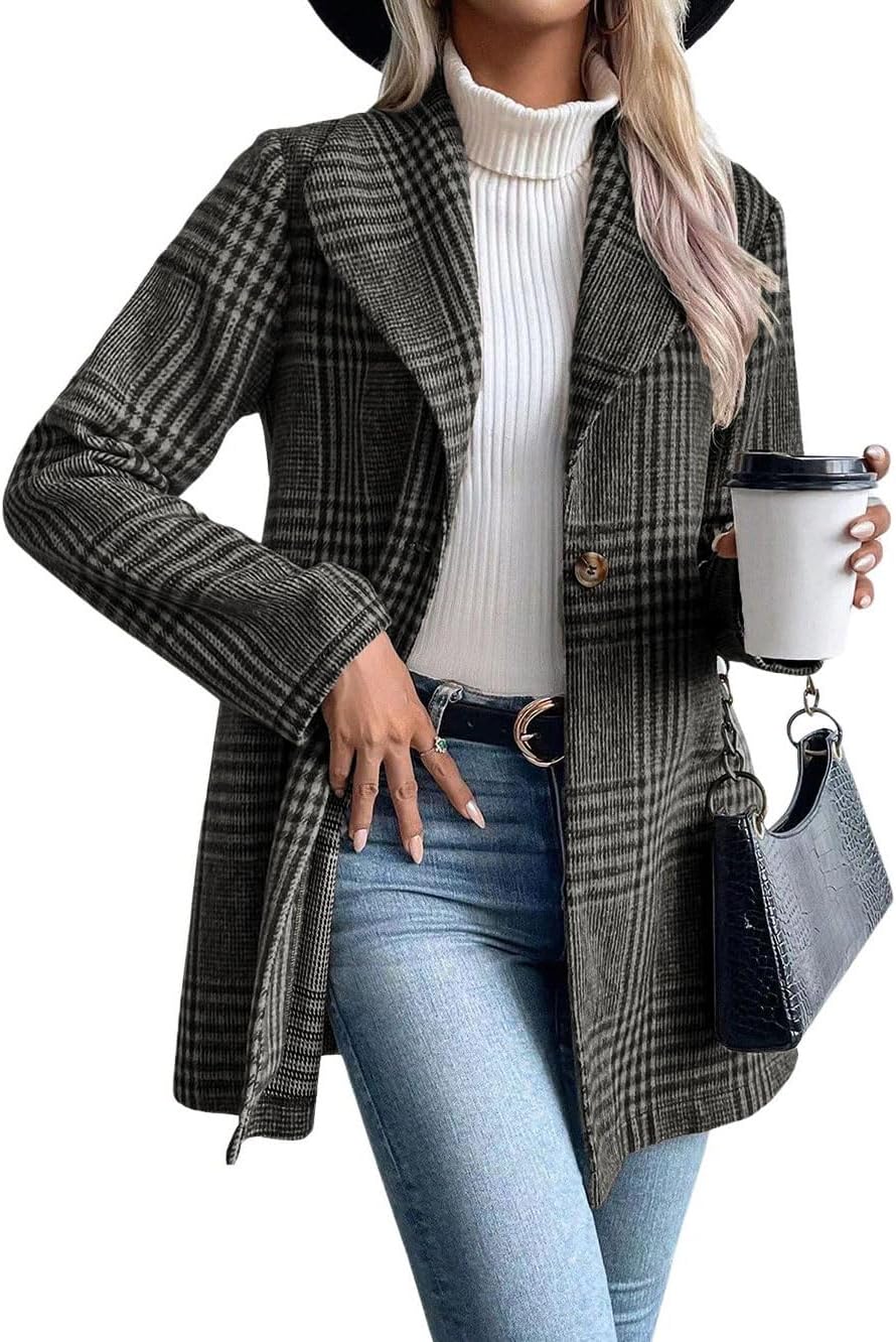 chouyatou Women's Vintage Plaid Blazer Wool Coat Elegant Shawl Collar Wool Blend Trench Pea Coat