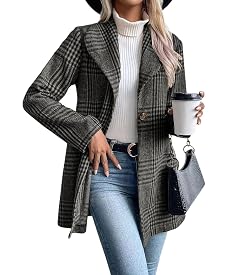chouyatou Womens Vintage Plaid Blazer Wool Coat Elegant Shawl Collar Wool Blend Trench Pea Coat