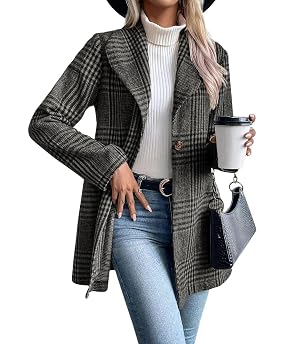 chouyatou Womens Vintage Plaid Blazer Wool Coat Elegant Shawl Collar Wool Blend Trench Pea Coat