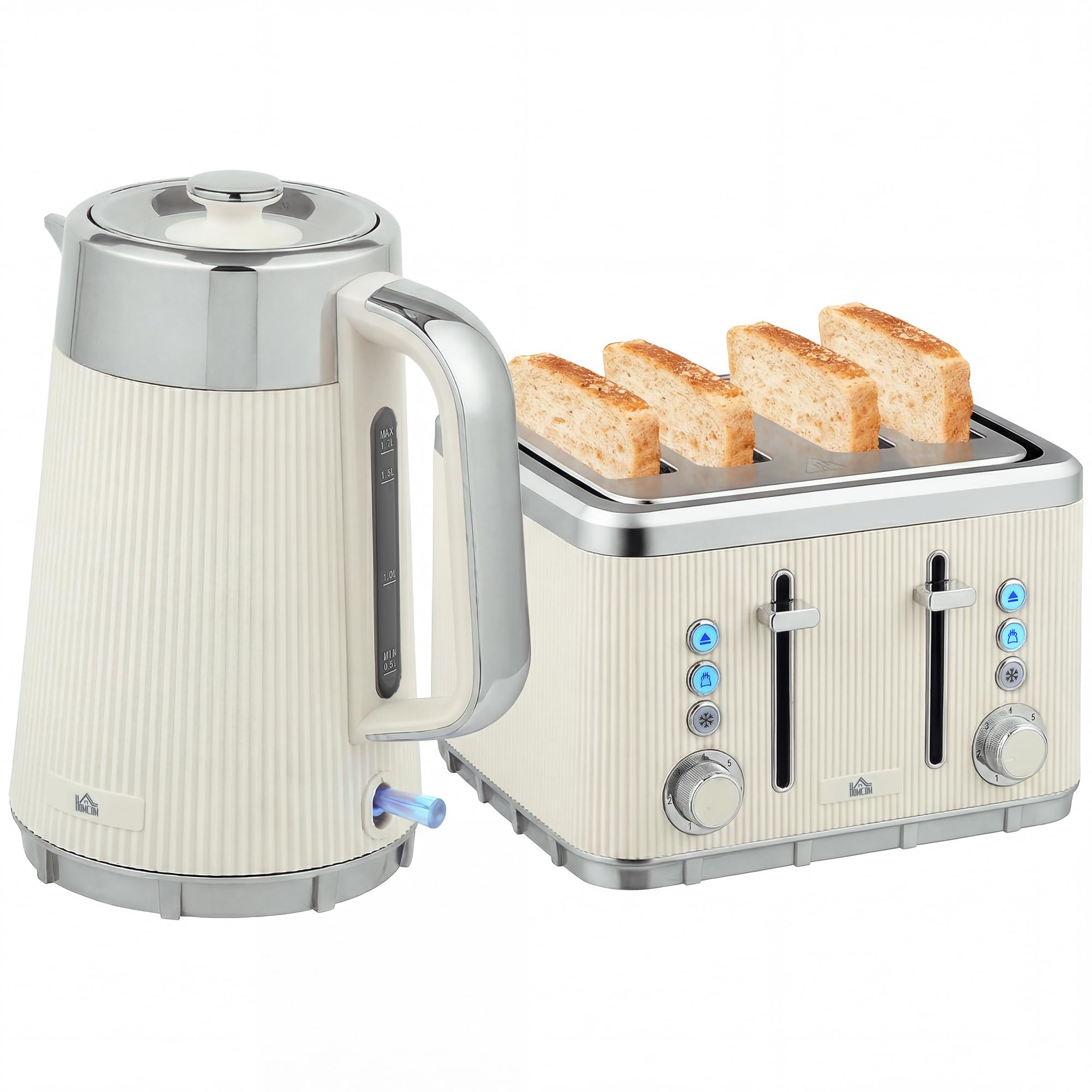 HOMCOM Electric Stainless Steel Kettle and Toaster Set 3000W 1.7L Cream | UK Strix Thermostat, Fast Boil Kettle, Limescale Filter, Cool Touch Body, 4 Slice Toaster, 7 Browning Levels