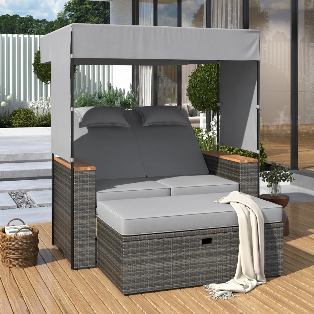 Kerluga 2-Piece Adjustable Rattan Daybed with Canopy & Bench - 5-Position Outdoor Sofa Set, Patio Poolside Lounger w/Weatherproof Cushions & Sunshade Grey