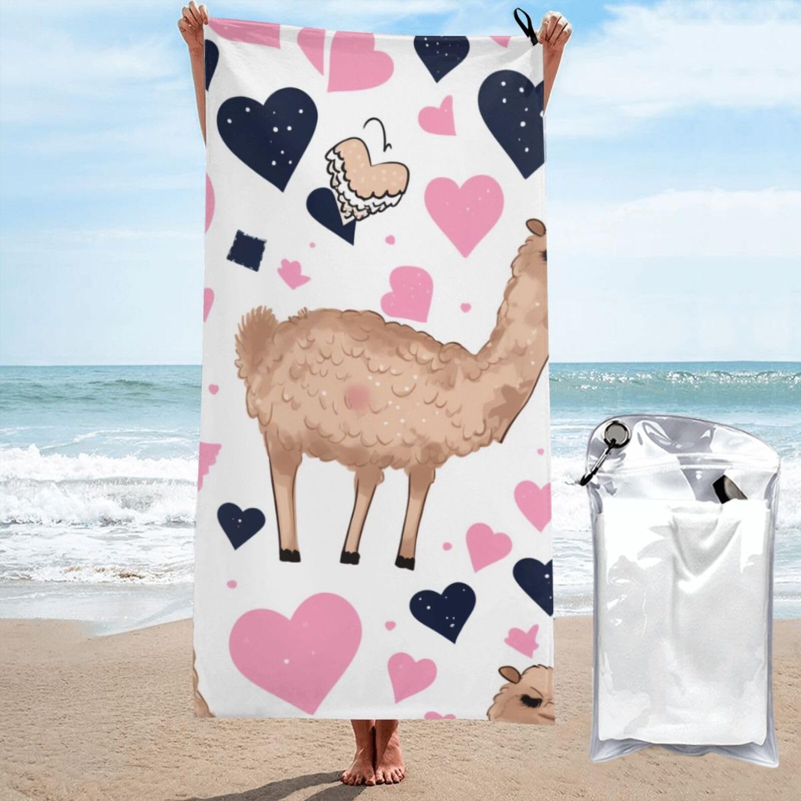 BWWHCCTI Camel Pink Heart Printed Microfiber Quick Dry Beach Towel 70x140 CM, Fast Drying Bath Towels with Bags for Travel,Camping,Gym,Beach,Swimming,Yoga