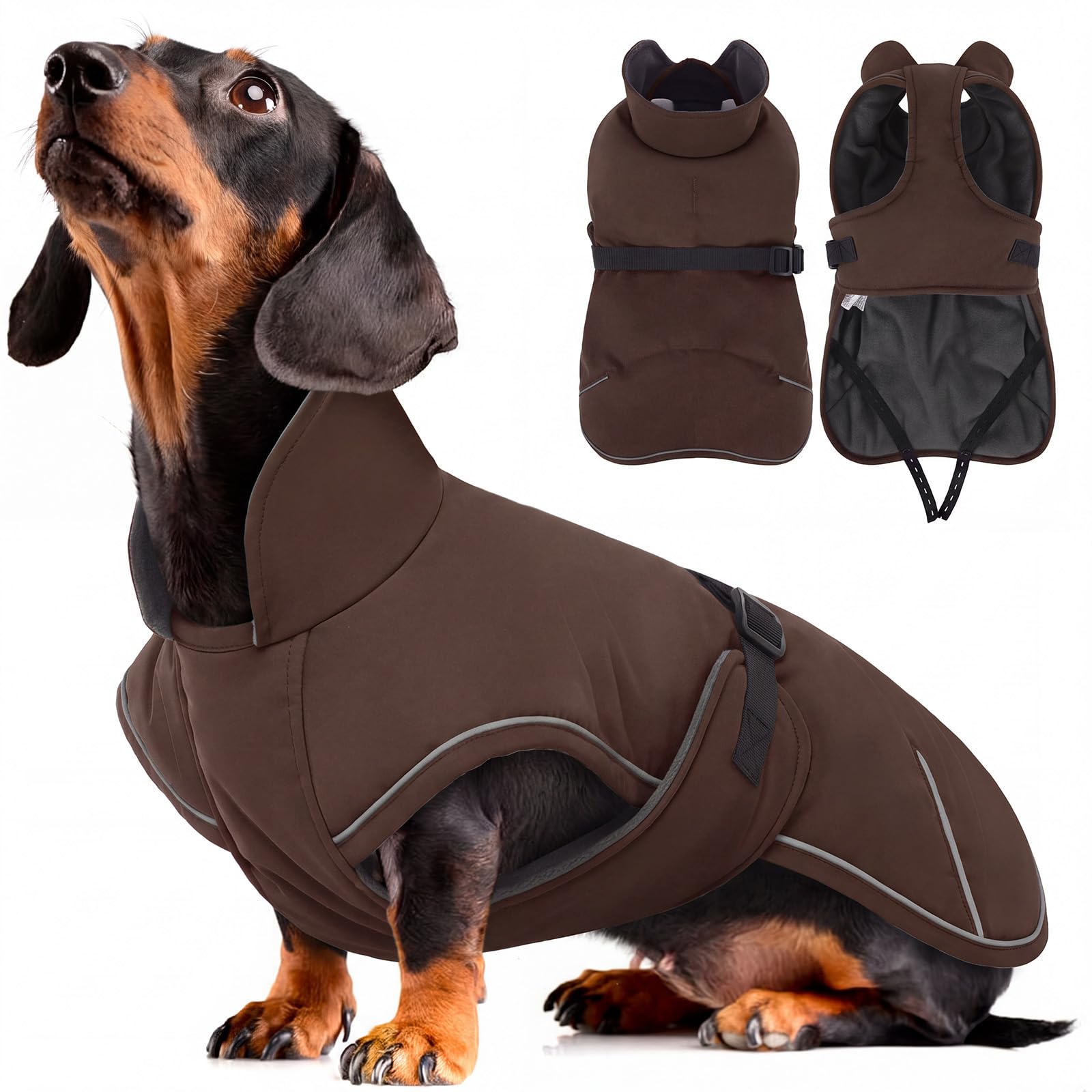 Hjyokuso Dachshund Coat Waterproof Winter Dog Jacket with Soft Warm Lining, Pullover Design for Miniature Sausage Dogs in Cold Weather, Walks, Snow, Outdoor Adventures - Darkbrown XL