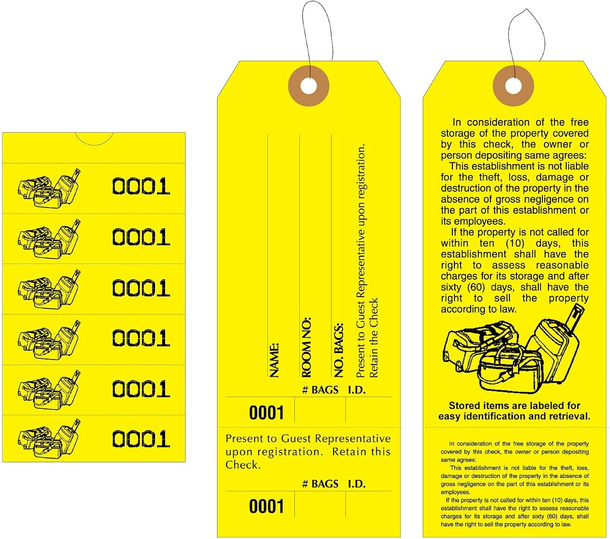 1000 etiquetas de control de reclamo de equipaje con construcción múltiple para múltiples bolsas. Papel amarillo, impreso en tinta negra con 6 etiquetas amarillas, números coincidentes y cordón elástico adjunto. Tamaño: 6 1/2" x 2 1/2"