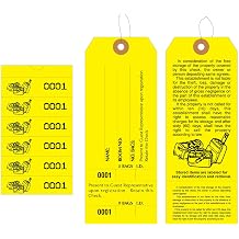 1000 Baggage Claim Check Tags with Manifold Construction for Multiple Bags. Yellow Stock, Printed in Black Ink with 6 Yellow Labels & Matching Numbers & Elastic String Attached. Size 6 1/2" x 2 1/2"