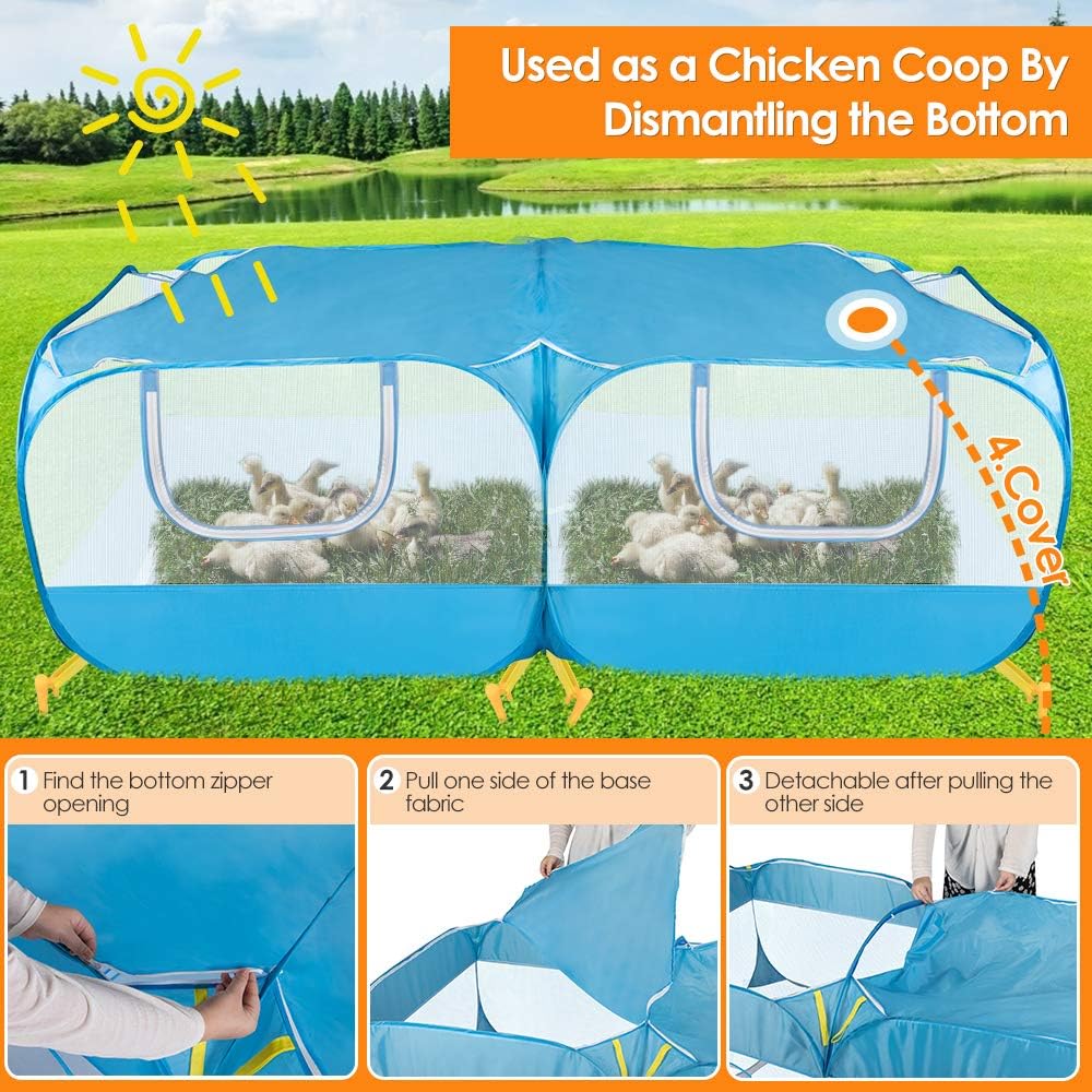 Small Animals Playpen, 2 in 1 Portable Large Chicken Run with Detachable Bottom Breathable Transparent Mesh Walls Foldable Pet Enclosure for Puppy Kitten Rabbits Indoor Outdoor Playing (Blue)