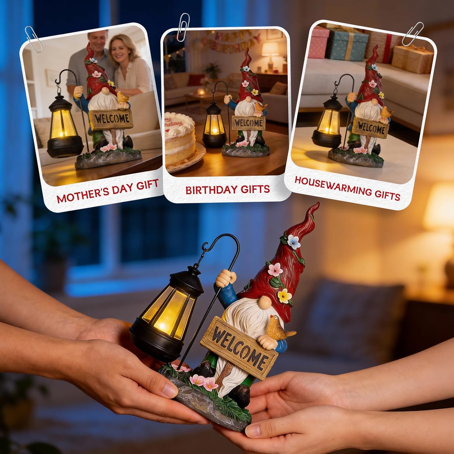 Garden Decor Gnomes Outdoor Statue with Solar Lights-Solar Garden Gnomes Decorations for Patio Lawn Yard Balcony with Lantern,Welcome Sign with Butterfly Flower, Birthday Gifts for Women Mom Grandma - Image 8