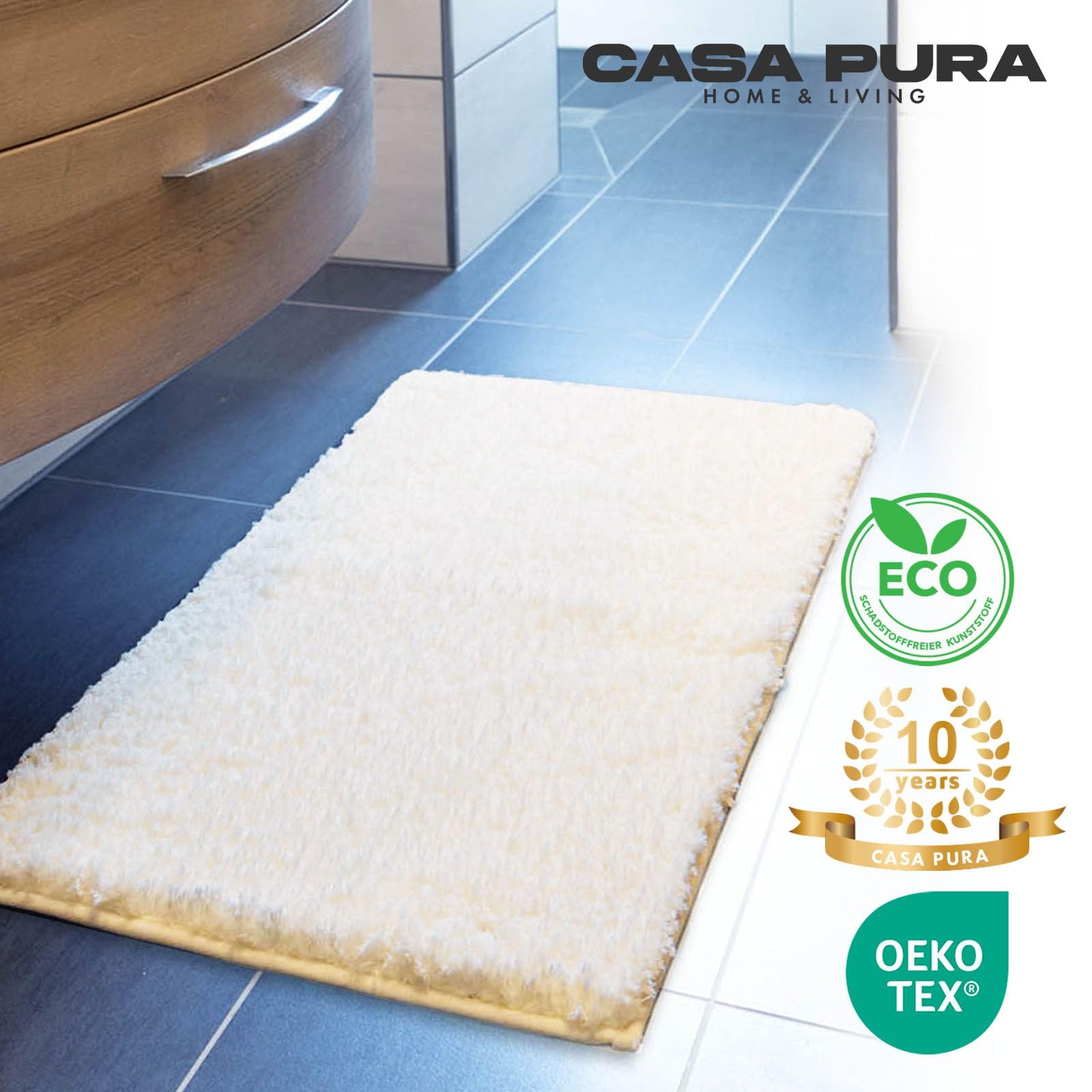 casa pura Badematte Hochflor Sky Soft - Weicher, Flauschiger Badezimmerteppich in Shaggy-Optik - Badvorleger rutschfest waschbar - schadstoffgeprüft - 16 Farben in 6 Größen (80x150 cm, Creme/Ivory)